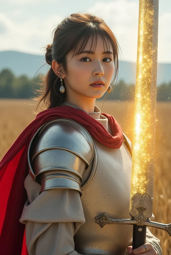 It's a medieval-style prairie、a young female knight wearing silver ...