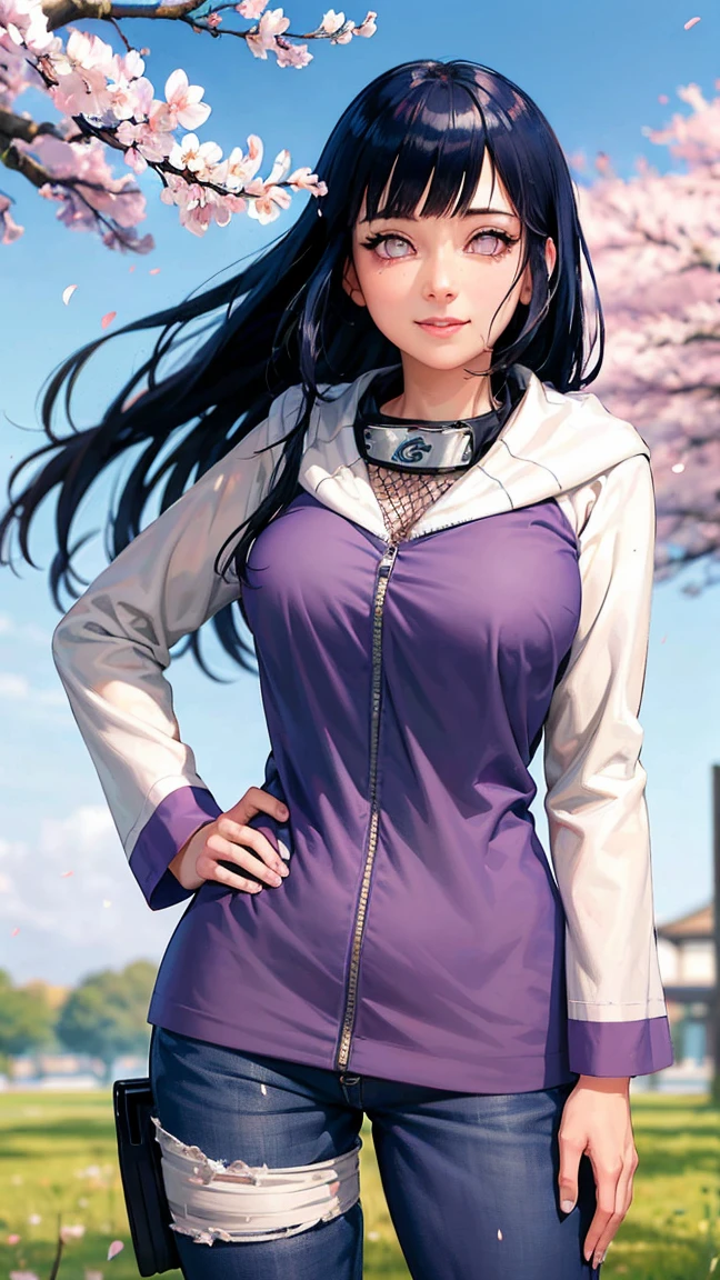 Х1Н4Т4, 1girl, Hyūga Hinata, 独奏, (Realistic:0.5), Masterpiece, 独奏, (Best Quality, Perfect detail, Beautifully detailed face, 詳細な目), Brilliant brilliance, Ray Tracing, Depth of field, HDR, gradient eyes, Sharp eyelashes, ((Lashes)), mascara, Detail_s face, Lashes, Shiny hair, , Seduction Smile, parted lips, Average ,, (Floating soft particles:1.1), ((looking a viewer)), (Playmate pose:1.1), (full - body:1.1), ((8k wallpaper)), ((hight resolution)), Long hair, black hair, white eyes, (pants:1.2), Hand on hip, hood, Bangs, full - body, Standing, blurry, looking a viewer, long sleeves, Smile, (grass field:1.4), (a tree:1.2), (cherry blossom:1.3), (blue skies:1.3), (Sun),
