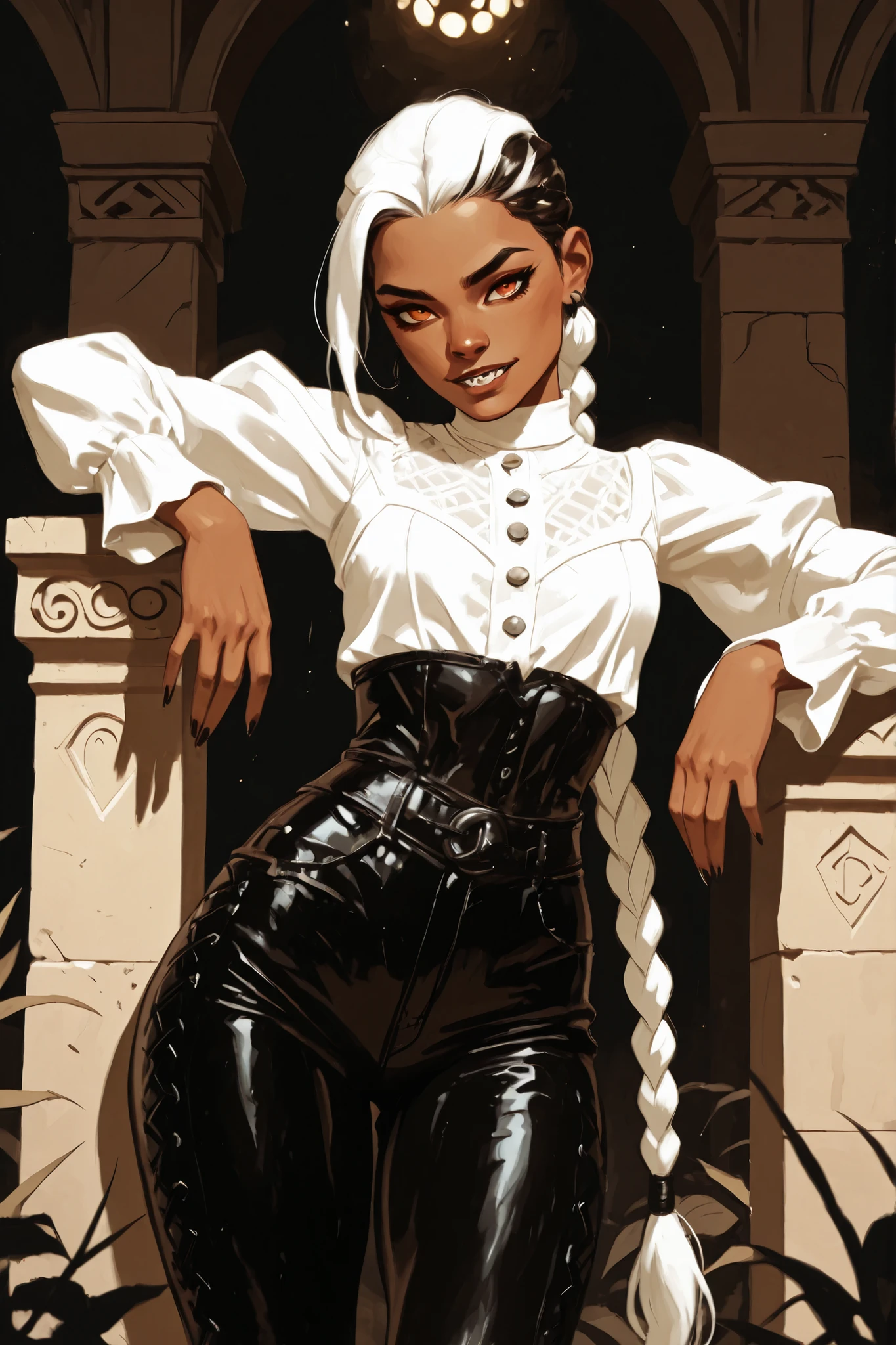 Drawn like the artist Bob Kehl. Phaedra from Fortnite with white and dark hair, slanted eyes, dark skin, with sharp teeth, athletic body and abs. Slender and athletic. Cute, round and young face. White highlights in her hair. She wears Aztec black snake-leather pants with snakeskin-texture and lacing. The leather isn't shiny. Muted shine. She also wears an amber necklace. She has small . Atmospheric lighting. She looks like Wednesday Adams. Box-art. DnD-art-style, Looking at the viewer. Oil painting. Sepia filter. Less colour.