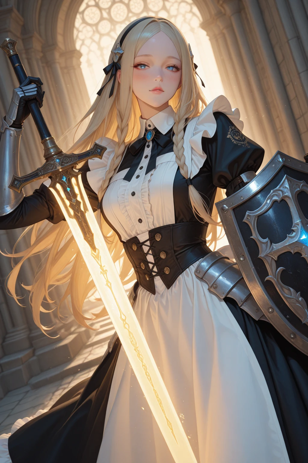 A woman wearing black and gold standing with her hands on her , blonde Long Hair Anime Girl, Golden black uniform, Female Anime Characters, Official character art, Long Hair Anime Girl, SAO-style anime, Inspired by Le Chevalier, Best Anime Character Design, Black and gold armor, Female Action Anime Girl, Black and gold armor, Girl in Armor,Elf