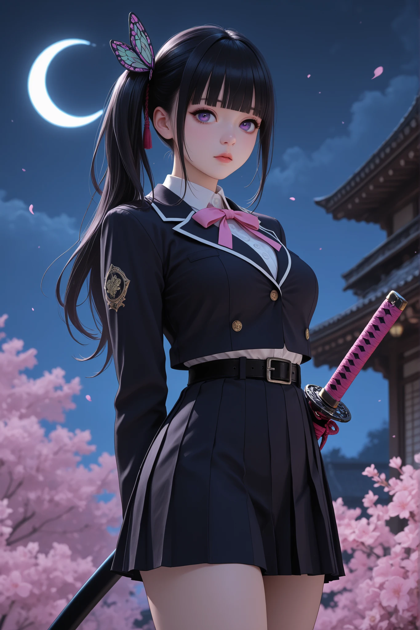 masterpiece, best quality, amazing quality, hyper-detailed, newest, very aesthetic, 1girl, aakanao, long hair, black hair, side ponytail, hair ornament, blunt bangs, purple eyes, medium breasts,Wearing school uniforms, (Pink japanese sword), scabbard, standing, dinamic pose, Crescent moon, nighttime, diffused light, absurdres, highres, dark fantasy, gothic style