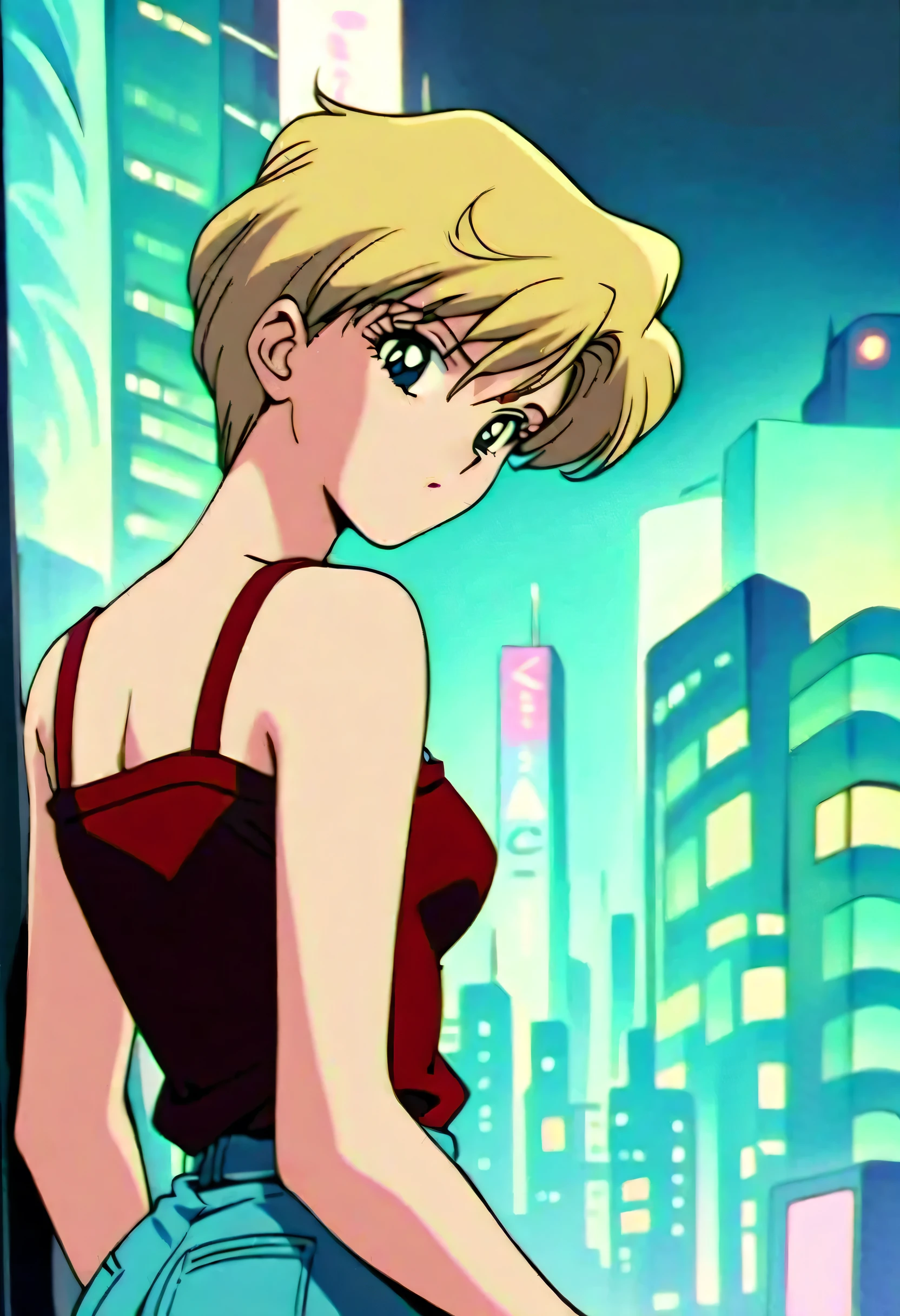 Masterpiece, best quality , very aesthetic, That's ridiculous.,1990s \( style\), 1 girl,Alone, sailor uranus XL,blue eyes, short hair,very short hair,Blonde,shirt slip , jeans, pants, medium breasts, Kubby,City lights, Looking Back,