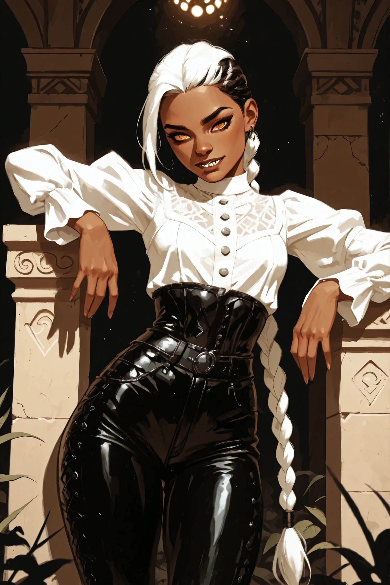 Drawn like the artist Bob Kehl. Phaedra from Fortnite with white and dark hair, slanted eyes, dark skin, with sharp teeth, athletic body and abs. Slender and athletic. Cute, round and young face. White highlights in her hair. She wears Aztec black snake-leather pants with snakeskin-texture and lacing. The leather isn't shiny. Muted shine. She also wears an amber necklace. She has small . Atmospheric lighting. She looks like Wednesday Adams. Box-art. DnD-art-style, Looking at the viewer. Oil painting. Sepia filter. Less colour. Semi-realistic style.