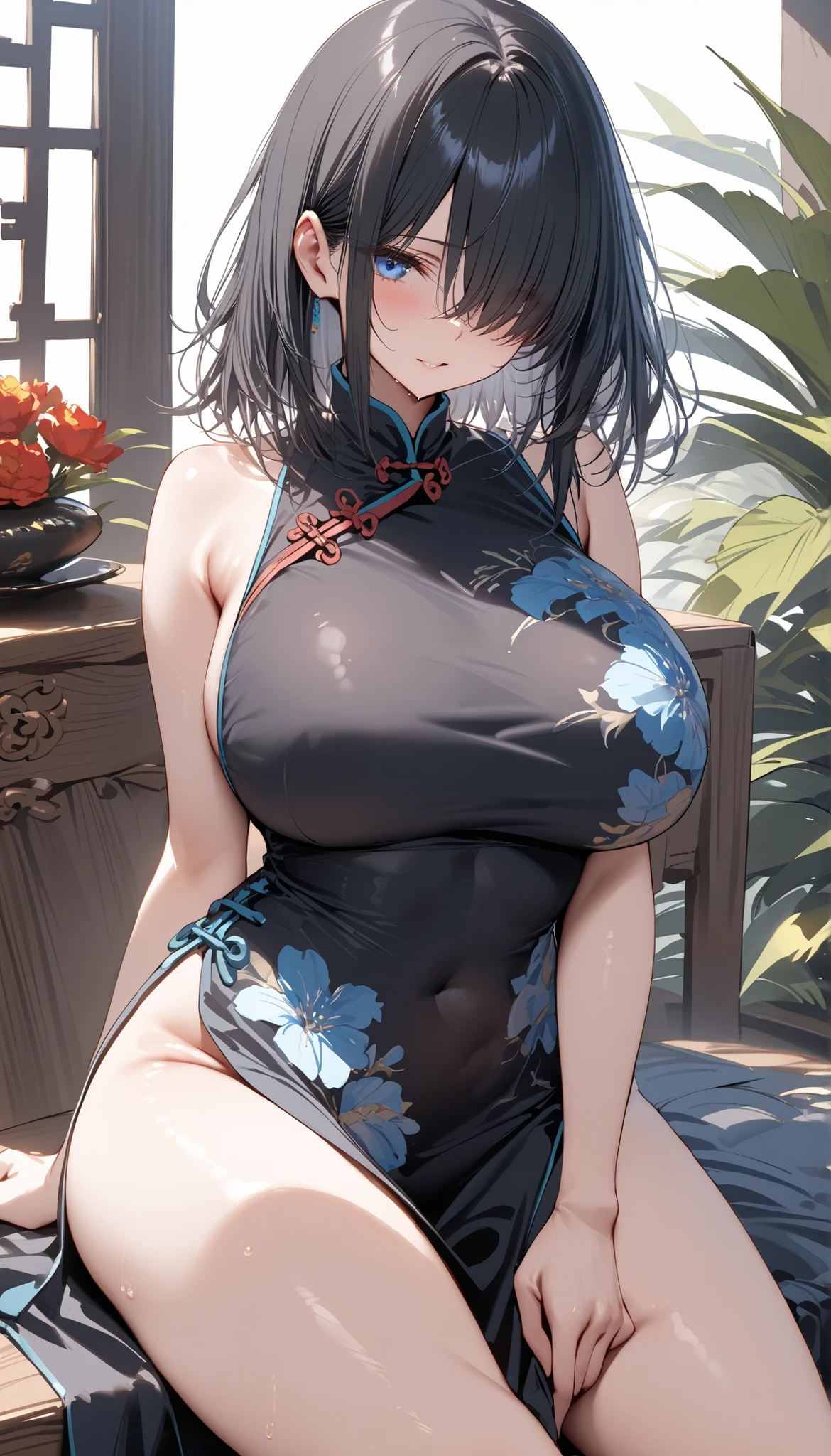 (masterpiece, Highest quality:1.2), (1girl), alone, (medium hair), straight hair,(black hair),hair over face, hair over one eye, hair over right eye, (clear blue eyes), detailed eyes, high detail, bloom, (big breast), (china clothes), one bare leg, side slit