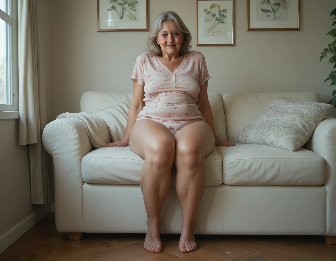 ((68 year old woman)), long gray hair, detailed and shadowed face, posing for photo, school uniforms , living room scene, senora, fat legs(best qualityer).full body and foot, ((old skin))