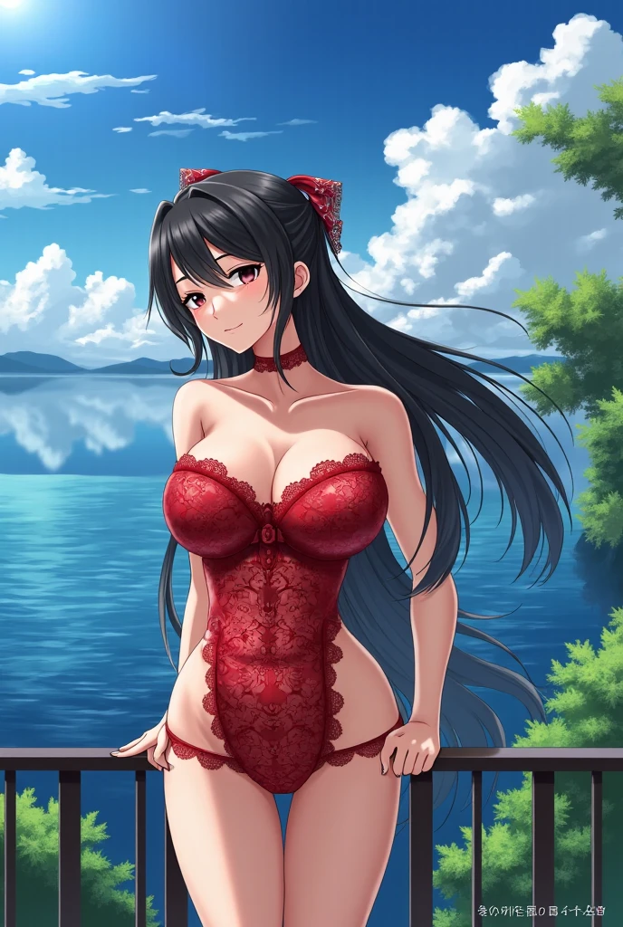 Black hair, long hair, red eyes, sexy, large breasts, beautiful body, masterpiece, smile, ((Plum blossom print lingerie)), hotel swimming pool