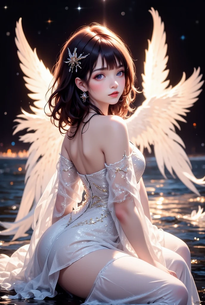 (((Masterpiece))),((top quality)),one beautiful girl,Pale, (A character that personifies an angel: 1.5), (((A strong halo shines from behind the head:1.5)))、(medieval pure white dress:1.5)))、(belly button)、(white bird wings:1.5),(plain clothes), (skin revealing),(The background is heaven 1.5).(((from the front:1.5)))、(straight front: 1.5)、(((lying half naked:1.5)))、