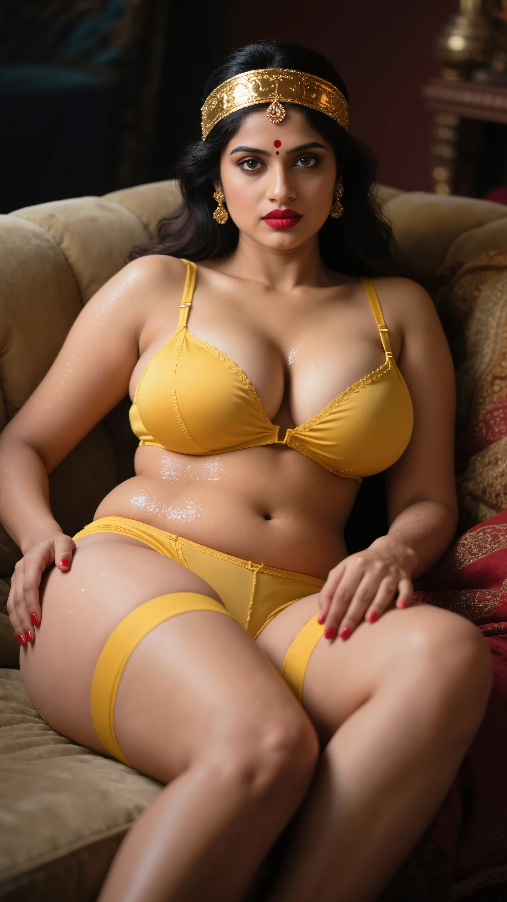 1girl, sexy, 45 years old Indian woman, (mature woman:1.3), middle aged bhabhi, lying down on bed, (freckles:0.2), lying on bed, bedroom, detailed background, indoor, hires, (photorealistic:1.4), wide shot, full body photo, beautiful fluffy nody, thick curvy aunty, highly detailed, hyper realistic, traditional colourful slingshot bikini, wind blowing, big chest, dusky skin, most beautiful woman, beautiful body, beautiful eyes nose lips, superb lighting, shot from above, shot from some distance, wide angle view