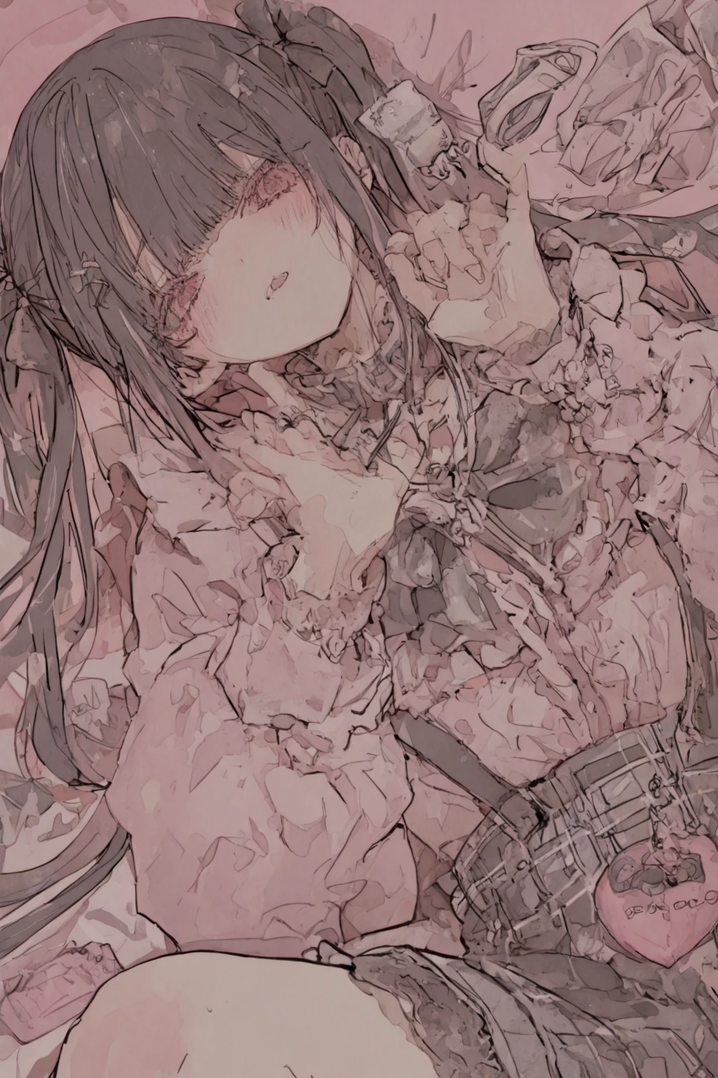 Draw a non-black outline　The contour line is thin　There are so many contour lines　Fume　Dancers　Dancer's joints　the body is soft　Twist your hips wide　with round face　Red cheeks　Hair color is light blue　less saturated　Pink background　Background red　Shake your hair　narrow shoulders　The skeleton is delicate　Thin thighs　Clothes in which the skin of the abdomen is visible