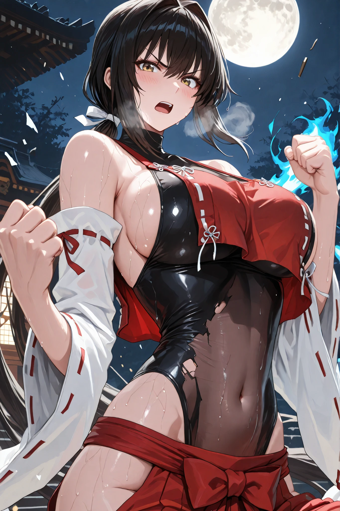handfixer,memepunch, raised fist drawn back, pepe punch, looking at viewer, pepe punch meme,Blue flame cover fist,Blue Flame Fist,handfixer,Japanese background,SOLO,A mature Female,sendai hakurei no miko,red hakama(Broken), solo,Silk leotard under clothes(Broken), black silk leotard(See-through), japanese clothes(Broken),(((Clothes shattered))),(Clothes Burst)(Pops),(Broken Clothes), nontraditional miko, black hair, hakama pants(Broken), yellow eyes, Large breasts,Cleavage,(((Lowerboob))),Sideboob,(((Navel))), detached sleeves((Broken)), hip vent,(Black Short hair,intakes hair)),((Very long ponytail)(Low ponytail)),(Rebuke, scowl, v-shaped eyebrows, open mouth,Heavy breathe,Blush),Sweaty skin,Straddling,In front of the Shrine,Outdoors,At Midnight,Full moon,Cowboy shot,Close up,UHD, masterpiece, anatomically correct, Shiny skin, super detail, best quality, highres, 16k, 1080P,((From Above)),(((Look at the viewer))),(((First person perspective)))