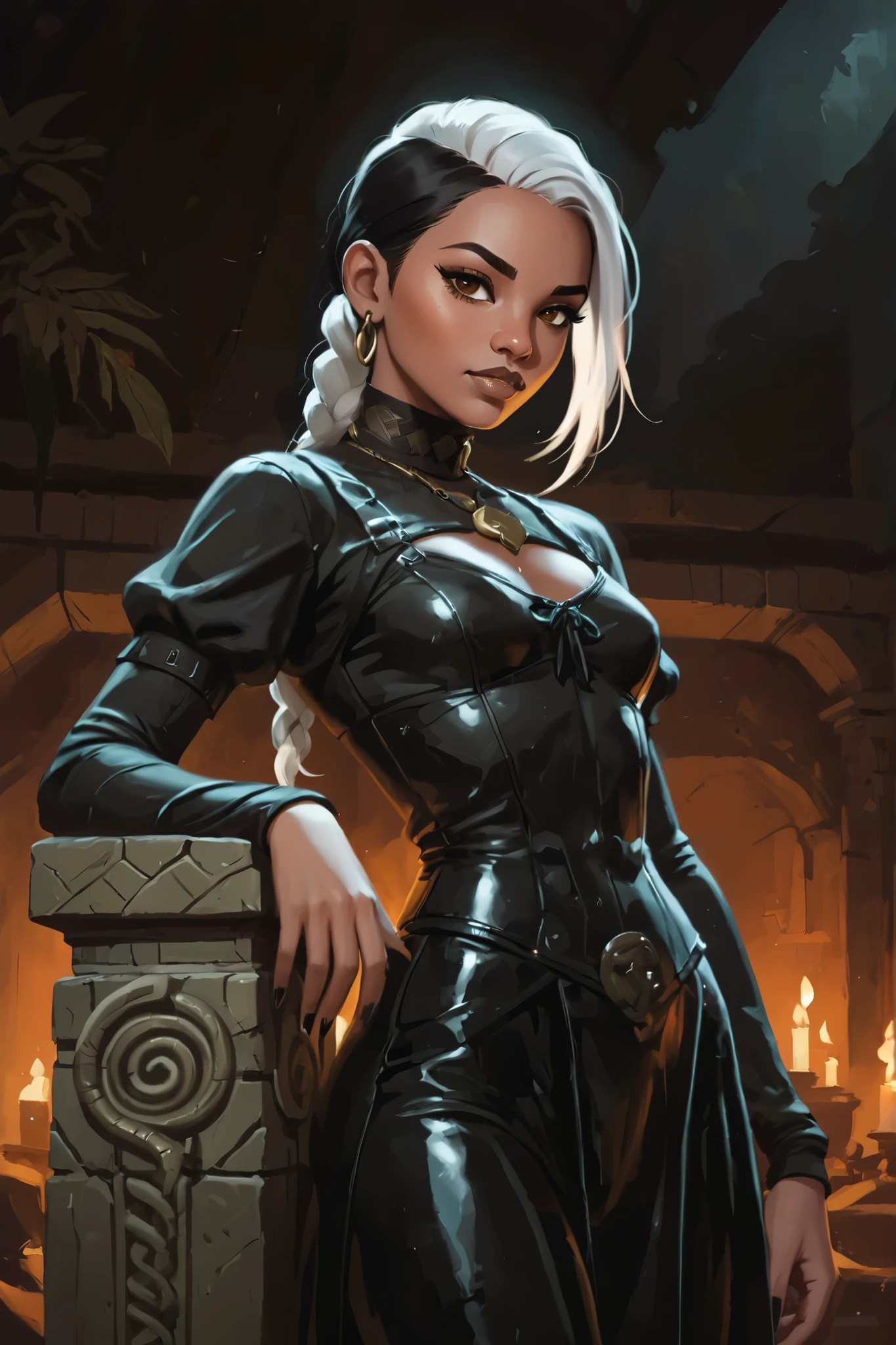 Drawn like the artist Bob Kehl. Phaedra from Fortnite with white and dark hair, slanted eyes, dark skin, with sharp teeth, athletic body and abs. Slender and athletic. Cute, round and young face. Small and cute nose. White highlights in her hair. She wears Aztec black snake-leather pants with snakeskin-texture and lacing. The leather isn't shiny. Muted shine. She also wears an amber necklace. She has small . Atmospheric lighting. She looks like Wednesday Adams. Box-art. DnD-art-style, Looking at the viewer. Oil painting. Sepia filter. Less colour. Semi-realistic style.