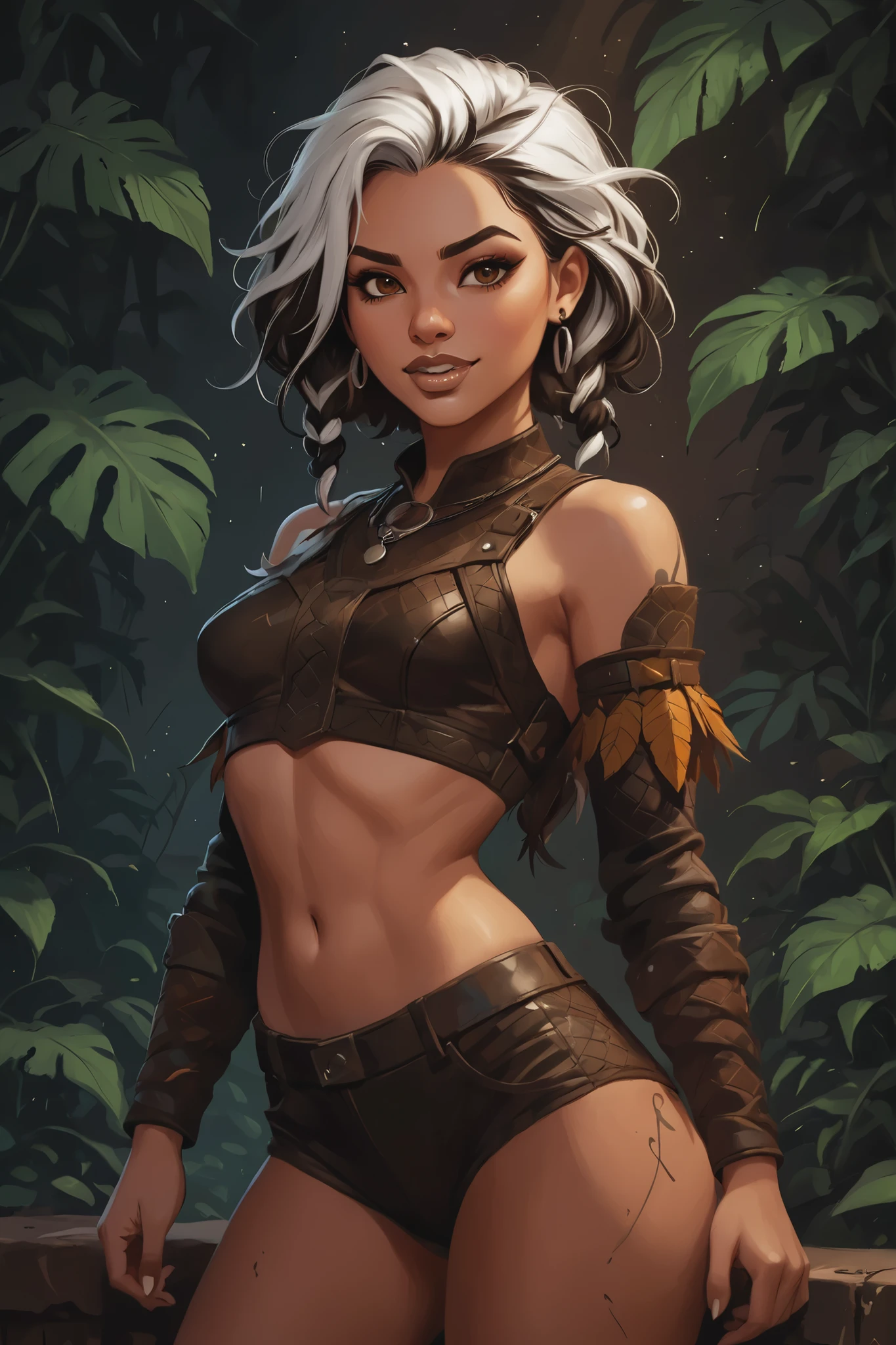 Drawn like the artist Bob Kehl. Phaedra from Fortnite with white and dark hair, slanted eyes, dark skin, with sharp teeth, athletic body and abs. Slender and athletic. Cute, round and young face. Small and cute nose. White highlights in her hair. She wears Aztec black snake-leather pants with snakeskin-texture and lacing. The leather isn't shiny. Muted shine. She also wears an amber necklace. She has small . Atmospheric lighting. She looks like Wednesday Adams. Box-art. DnD-art-style, Looking at the viewer. Oil painting. Sepia filter. Less colour. Semi-realistic style.