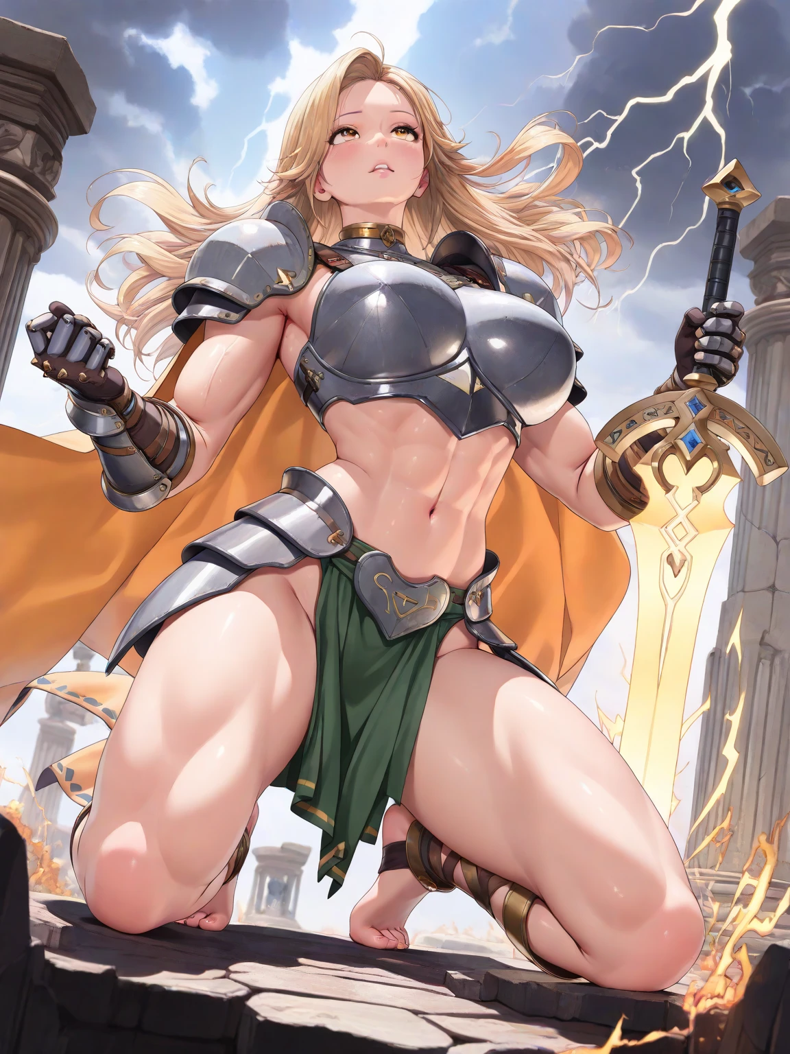 (masterpiece, best quality:1.2), 1girl, ((mature face, milf)), amazon, stading, on a mountain, dragons crown, ((naked, pubic hair)), holding halberd, armlet, muscular female, breasts, black gloves, gloves, thighs, (thick thighs, large ass:1.1), tattoo, navel, obliques, long hair, cleavage, feather hair ornament, blonde hair, abs, circlet, large breasts, feathers, <lora:AMAZON-15:0.8>