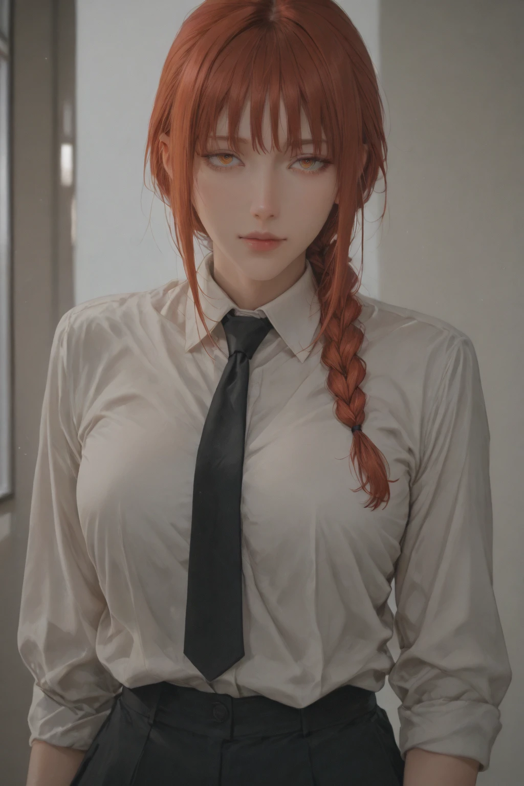 cute girl with red hair and black tie walking down a street, makoto shinka, she has red hair,