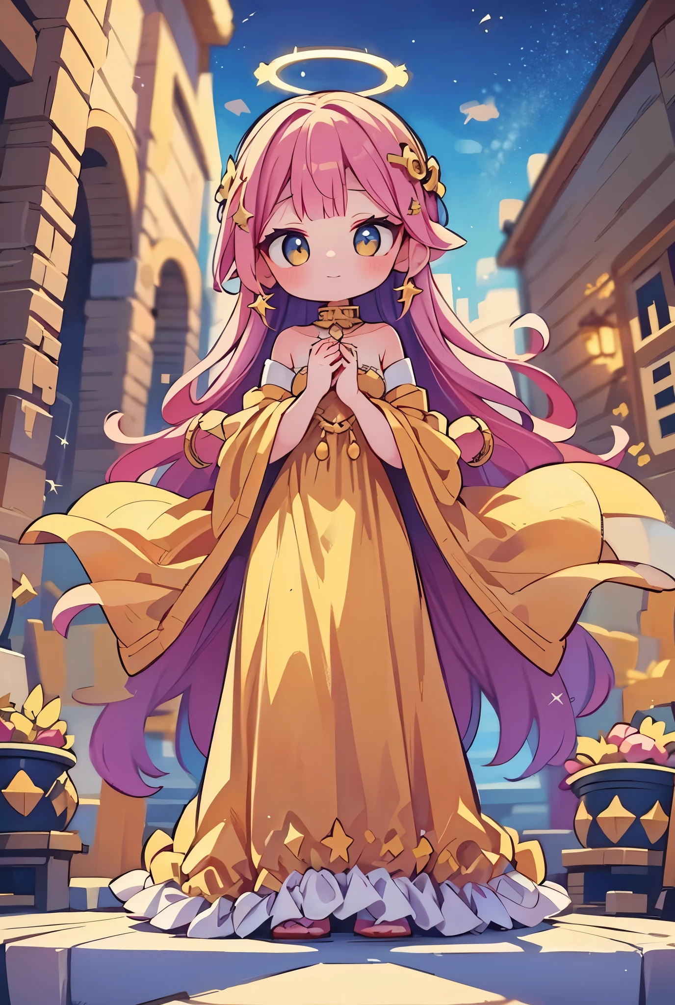 Celestial Diva in Gold, A radiant star steps onto the red carpet in a flowing golden gown that shimmers like stardust. Paparazzi lights reflect off her dress, creating a halo of brilliance.