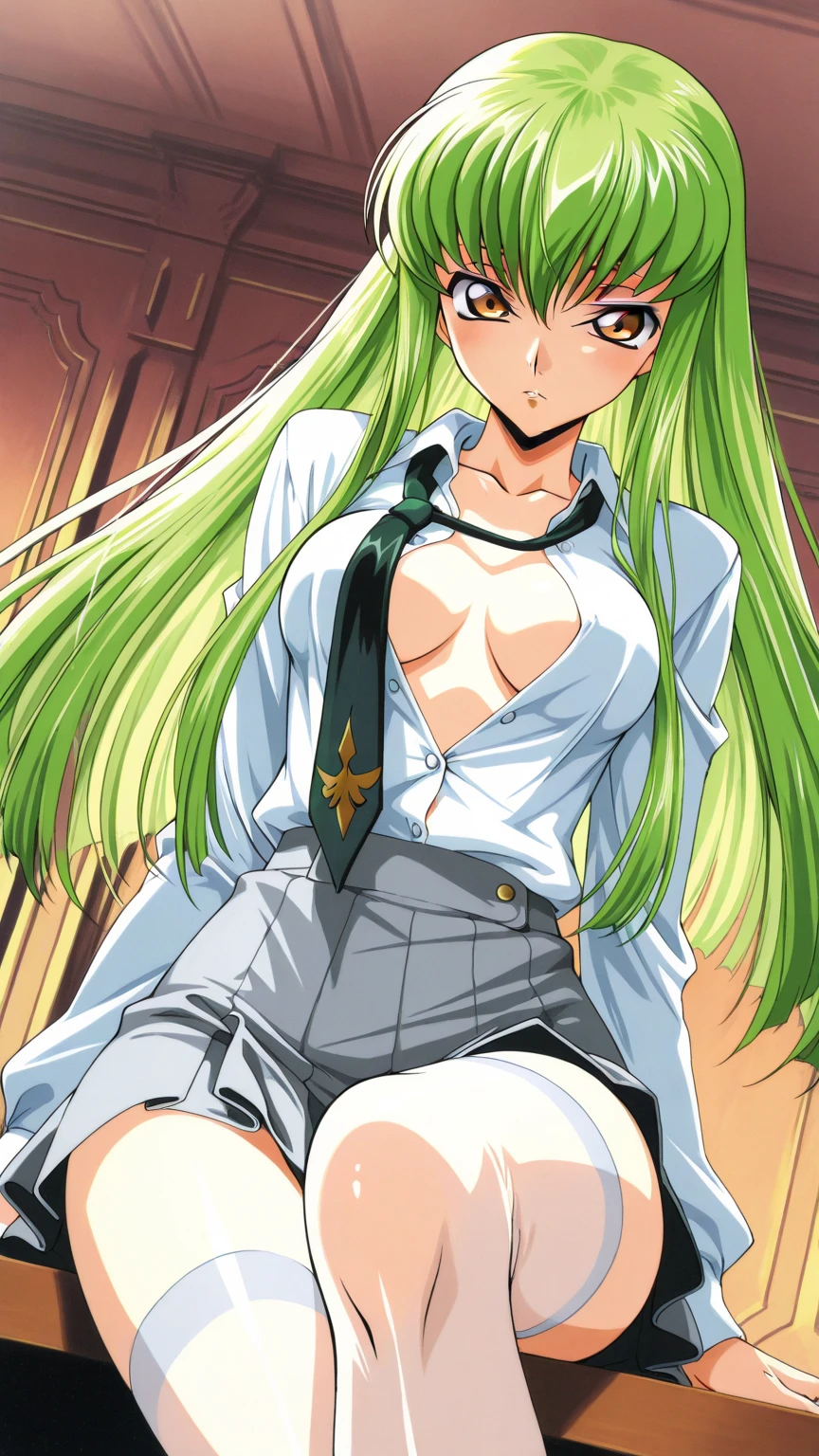 score_9, score_8_superior, score_7_superior, sauce_anime, Sayomi Nakami, Sayonara Minakami, Long Hair, Brown eyes, bow, hair bow, Green Hair, skirt, pleated skirt, Seraphim, green skirt, Outdoor, Cityscape, I had already finished, View your viewers, Dutch Angle, Cowboy Shot、Small breasts、topless、Showing nipples、Ecstasy face