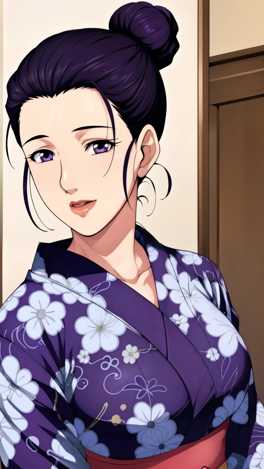 simple background,white background,
purple kimono,floral print,Japanese Clothes,wide sleeve,long sleeve,
Disconnect,
purple eye, dark haired,Bang,hair bun,
1 girl,young woman,beautiful long legs,beautiful body,
beautiful Nose,beautiful character design, perfect eye, perfect face,expressive eye,Perfect Balance,
watching viewers,(Focus on her face),with her mouth closed, (innocent_big_eye:1.0),(light_smile:0.3),
OFFICIAL ART,Highly Detailed CG Unity 8k Wallpaper, perfect lighting outside of Asia,colorful, Bright_front in the sky_ face_lighting,white skin,
(masterpiece:1.0),(Highest_Quality:1.0), ウルトラhigh resolution,4K,super detailed,
Picture, 8k, HDR, high resolution, absurd:1.2, Kodak Portra 400, film grain, Blurry Background, Bokeh:1.2, lens flare, (vibrant_Color:1.2),プロフェッショナルPicture,
(beautiful,big_chest:1.4), (beautiful_ face:1.5),( is narrow_waist),Naked , big boobs , big breast