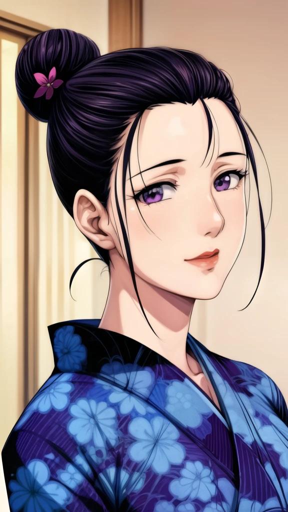 simple background,white background,
purple kimono,floral print,Japanese Clothes,wide sleeve,long sleeve,
Disconnect, 
purple eye, dark haired,Bang,hair bun,
1 girl,young woman,beautiful long legs,beautiful body,
beautiful Nose,beautiful character design, perfect eye, perfect  face,expressive eye,Perfect Balance,
watching viewers,(Focus on her  face),with her mouth closed, (innocent_big_eye:1.0),(light_smile:0.3),
OFFICIAL ART,Highly Detailed CG Unity 8k Wallpaper, perfect lighting outside of Asia,colorful, Bright_front in the sky_ face_lighting,white skin,
(masterpiece:1.0),(Highest_Quality:1.0), ウルトラhigh resolution,4K,super detailed,
Picture, 8k, HDR, high resolution, absurd:1.2, Kodak Portra 400, film grain, Blurry Background, Bokeh:1.2, lens flare, (vibrant_Color:1.2),プロフェッショナルPicture,
(beautiful,big_chest:1.4), (beautiful_ face:1.5),( is narrow_waist),Naked , big boobs , big breast