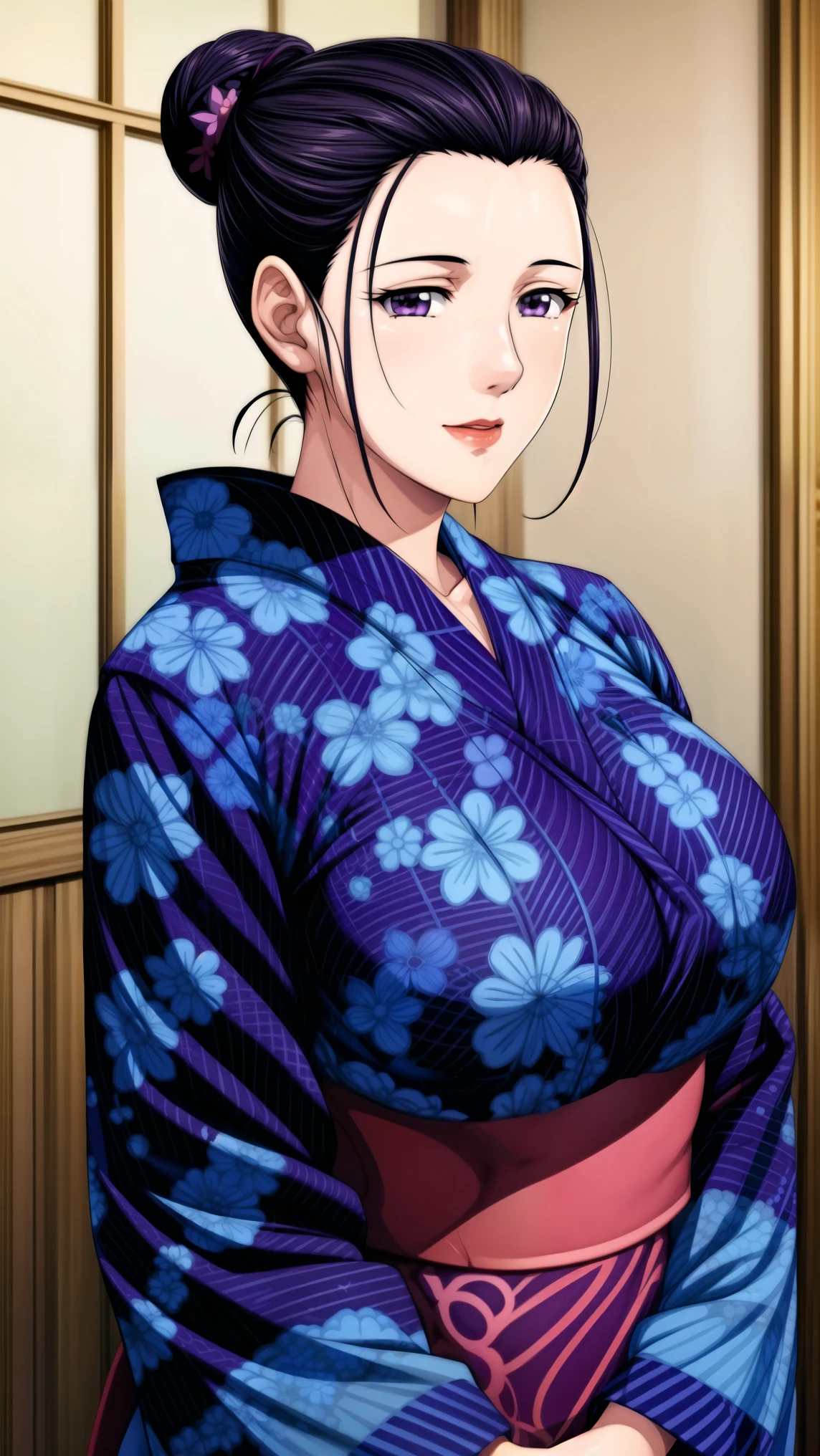 simple background,white background,
purple kimono,floral print,Japanese Clothes,wide sleeve,long sleeve,
Disconnect,
purple eye, dark haired,Bang,hair bun,
1 girl,young woman,beautiful long legs,beautiful body,
beautiful Nose,beautiful character design, perfect eye, perfect face,expressive eye,Perfect Balance,
watching viewers,(Focus on her face),with her mouth closed, (innocent_big_eye:1.0),(light_smile:0.3),
OFFICIAL ART,Highly Detailed CG Unity 8k Wallpaper, perfect lighting outside of Asia,colorful, Bright_front in the sky_ face_lighting,white skin,
(masterpiece:1.0),(Highest_Quality:1.0), ウルトラhigh resolution,4K,super detailed,
Picture, 8k, HDR, high resolution, absurd:1.2, Kodak Portra 400, film grain, Blurry Background, Bokeh:1.2, lens flare, (vibrant_Color:1.2),プロフェッショナルPicture,
(beautiful,big_chest:1.4), (beautiful_ face:1.5),( is narrow_waist),Naked , big boobs , big breast