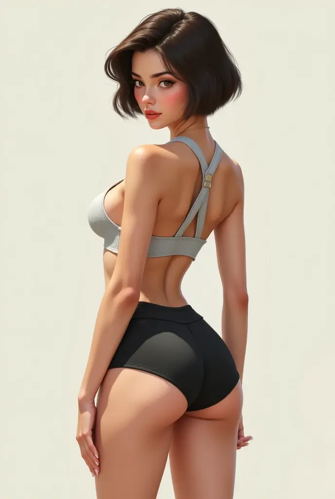 1girl, short curly hair, curvy, small breasts, (wide hips:1.25), BREAK, wearing black leggings, track jacket BREAK, looking back, simple dark grey background, volumetric lighting, <lora:AtomicHips2:0.9>, masterpiece, best quality, high quality, detail, highres, absurdres, 8k,