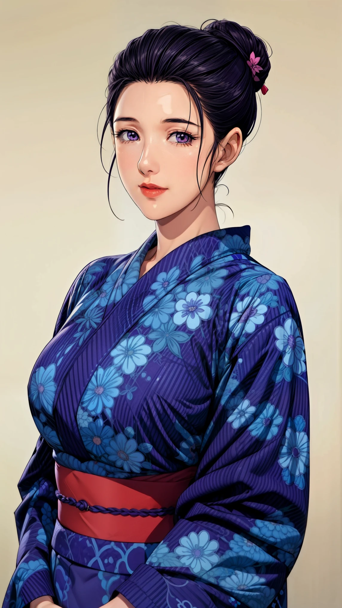 simple background,white background,
purple kimono,floral print,Japanese Clothes,wide sleeve,long sleeve,
Disconnect,
purple eye, dark haired,Bang,hair bun,
1 girl,young woman,beautiful long legs,beautiful body,
beautiful Nose,beautiful character design, perfect eye, perfect face,expressive eye,Perfect Balance,
watching viewers,(Focus on her face),with her mouth closed, (innocent_big_eye:1.0),(light_smile:0.3),
OFFICIAL ART,Highly Detailed CG Unity 8k Wallpaper, perfect lighting outside of Asia,colorful, Bright_front in the sky_ face_lighting,white skin,
(masterpiece:1.0),(Highest_Quality:1.0), ウルトラhigh resolution,4K,super detailed,
Picture, 8k, HDR, high resolution, absurd:1.2, Kodak Portra 400, film grain, Blurry Background, Bokeh:1.2, lens flare, (vibrant_Color:1.2),プロフェッショナルPicture,
(beautiful,big_chest:1.4), (beautiful_ face:1.5),( is narrow_waist),Naked , big boobs , big breast