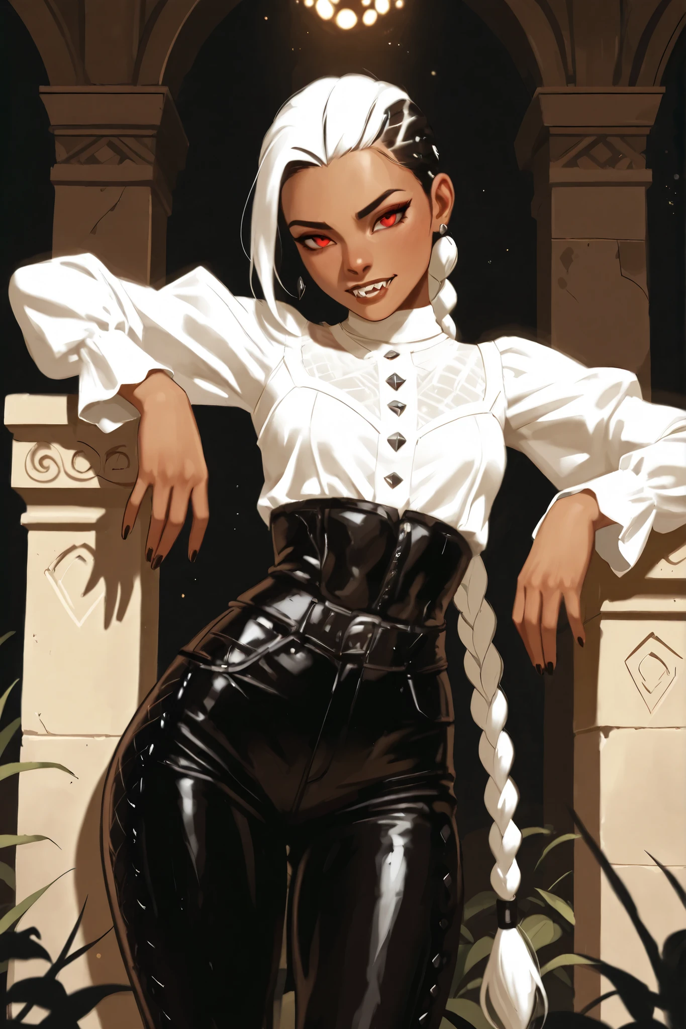 Drawn like the artist Bob Kehl. Phaedra from Fortnite with silver-white and dark hair, slanted eyes, with sharp teeth, athletic body and abs. Slender and athletic. Cute, round and young face. Small and cute nose. White highlights in her hair. She wears Aztec black snake-leather pants with snakeskin-texture and lacing. The leather isn't shiny. Muted shine. She also wears an amber necklace. She has small . Atmospheric lighting. She looks like Wednesday Adams. Box-art. DnD-art-style, Looking at the viewer. Oil painting. Sepia filter. Less colour. Semi-realistic style.