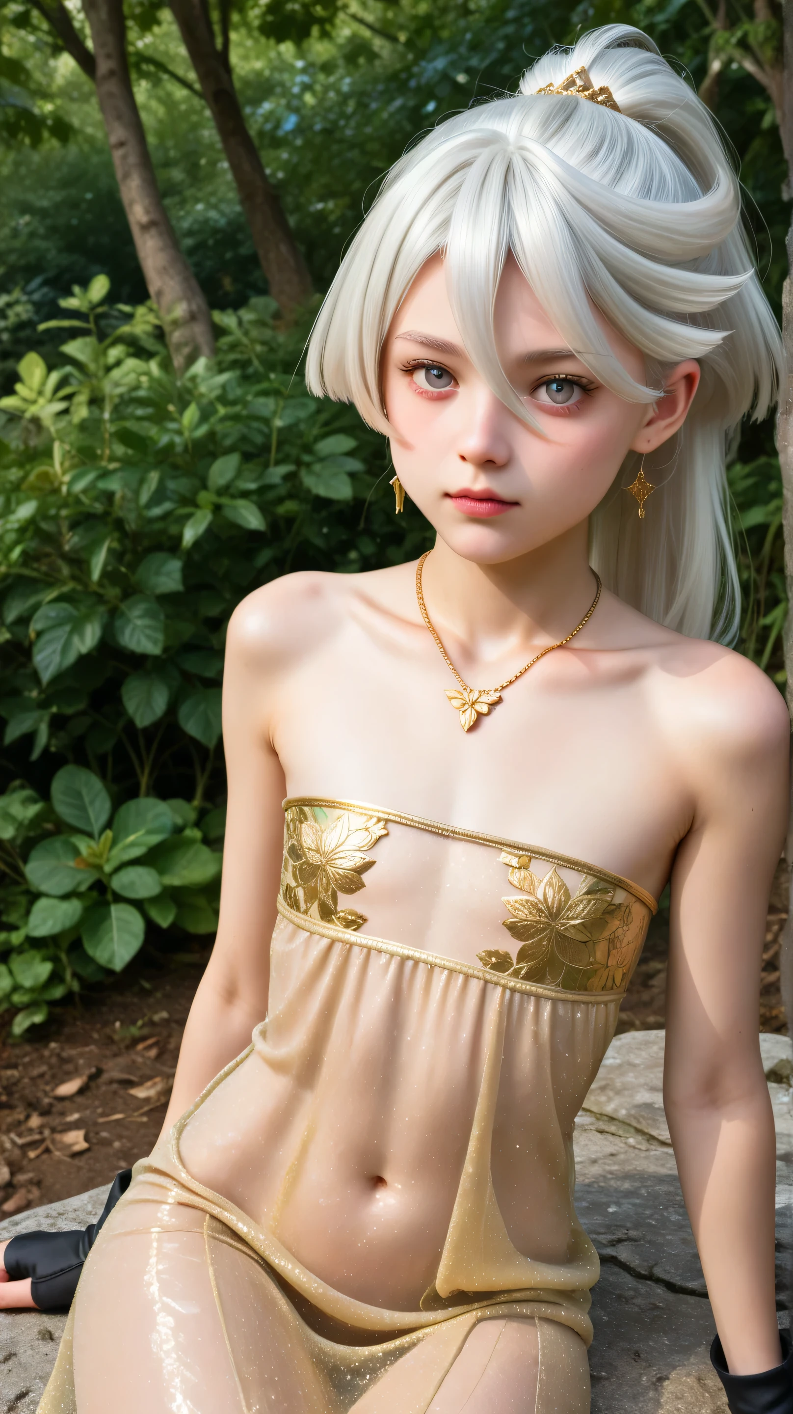 1girl, solo,miorine rembran,silver eyes,white hair,long hair,outdoors,potrait,small breast,nature,sitting on boulders,navel,(gold sheer dress:1.5),(wear ruby necklace:1.5), ponytail,(teen girl:1.5),(flat chest:1.4),close up, black glove