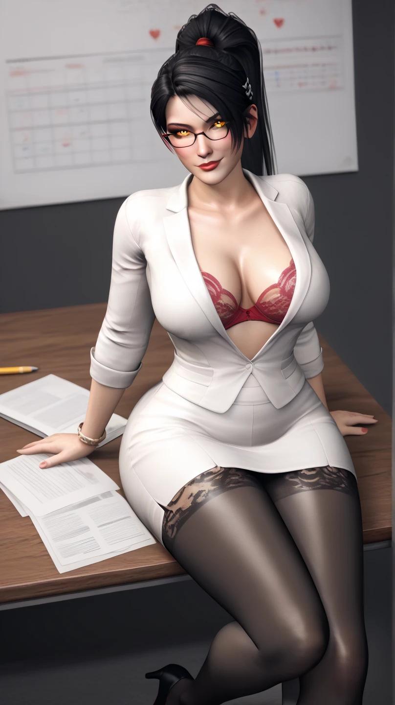 score_9, score_8_up, score_7_up, score_6_up, score_5_up, businesswoman sitting in office looking at viewer, black jacket, white collared shirt, black lace bra, black pencil dress, pantyhose, glasses, black hair in hair bun, white streak in hair <lora:OGDXLycoXL:0.85>