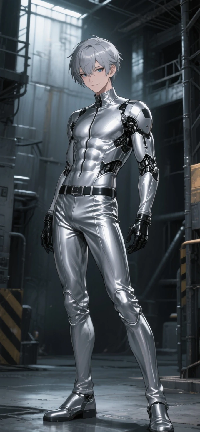 Japanese male handsome model　Black Hair　　Short cut　　G-I-A-CUT　looking at the camera　Shiny full-body silver suit　　　Shiny silver  suit　　Fierce face　Handsome　　future　Metal Body　　 grim stare　　gaze　Sad expression　Moist eyes　　
