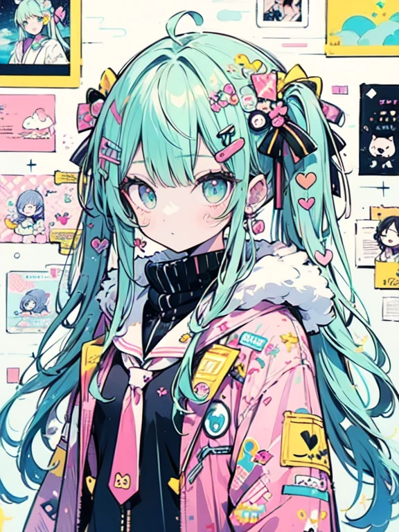 halloween theme, "kawaii, Cute girl, cute pink girl, neon green blue, and light blue color scheme. She's wearing a Halloween themed costume. Her clothes were fluffy and soft, Comes with hairpins and other decorative accessories. she embodies vitality、Popular Harajuku fashion styles."