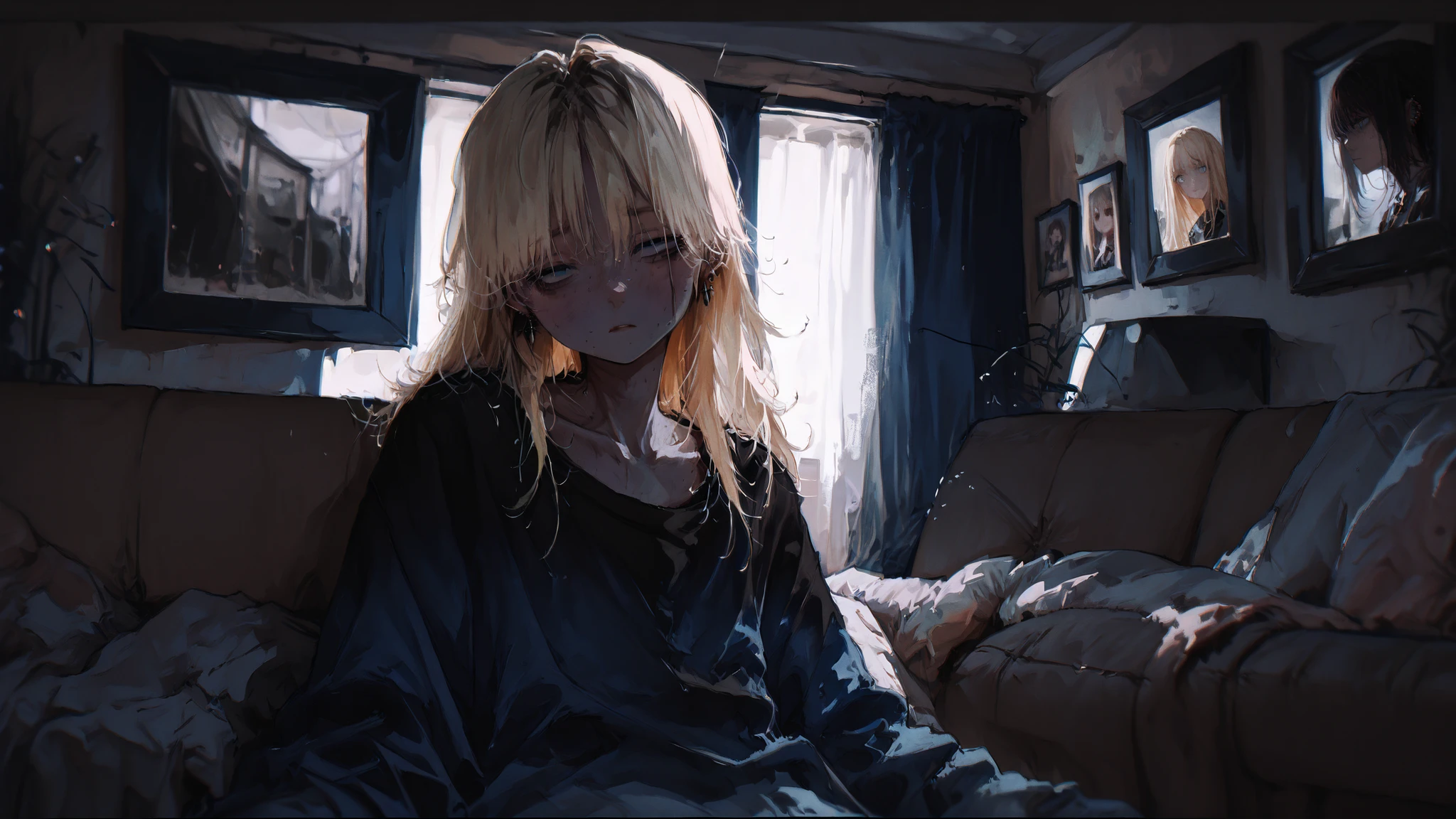 impeccable quality, high resolution, photo, young couple in a moment of quiet intimacy, exhausted faces with bruises under the eyes, long blond hair framing their sunken cheeks, piercing blue eyes, skinny arms intertwined, baggy dark clothes, muted tones, empty living room, heavy atmosphere