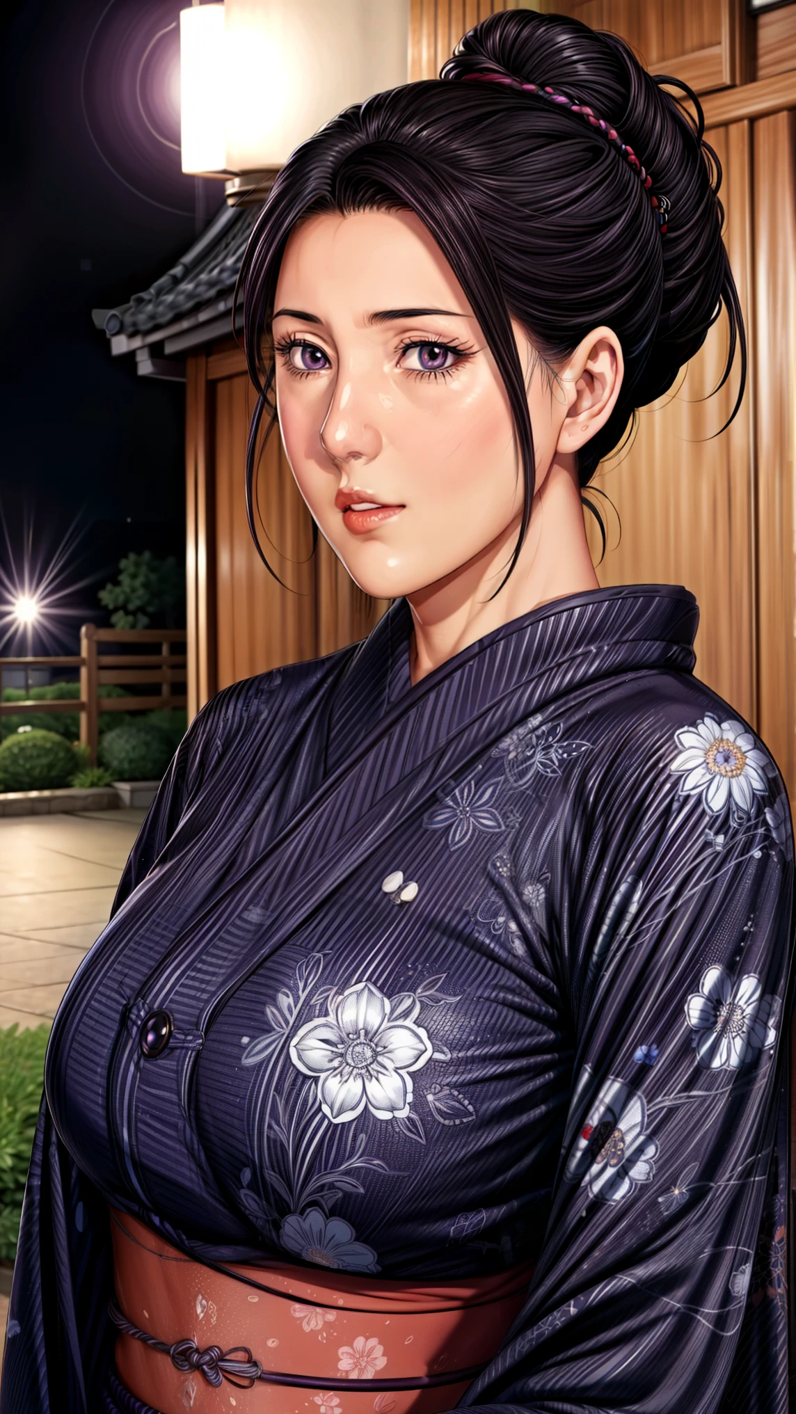 simple background,white background,
purple kimono,floral print,Japanese Clothes,wide sleeve,long sleeve,
Disconnect,
purple eye, dark haired,Bang,hair bun,
1 girl,young woman,beautiful long legs,beautiful body,
beautiful Nose,beautiful character design, perfect eye, perfect face,expressive eye,Perfect Balance,
watching viewers,(Focus on her face),with her mouth closed, (innocent_big_eye:1.0),(light_smile:0.3),
OFFICIAL ART,Highly Detailed CG Unity 8k Wallpaper, perfect lighting outside of Asia,colorful, Bright_front in the sky_ face_lighting,white skin,
(masterpiece:1.0),(Highest_Quality:1.0), ウルトラhigh resolution,4K,super detailed,
Picture, 8k, HDR, high resolution, absurd:1.2, Kodak Portra 400, film grain, Blurry Background, Bokeh:1.2, lens flare, (vibrant_Color:1.2),プロフェッショナルPicture,
(beautiful,big_chest:1.4), (beautiful_ face:1.5),( is narrow_waist),Naked , big boobs , big breast