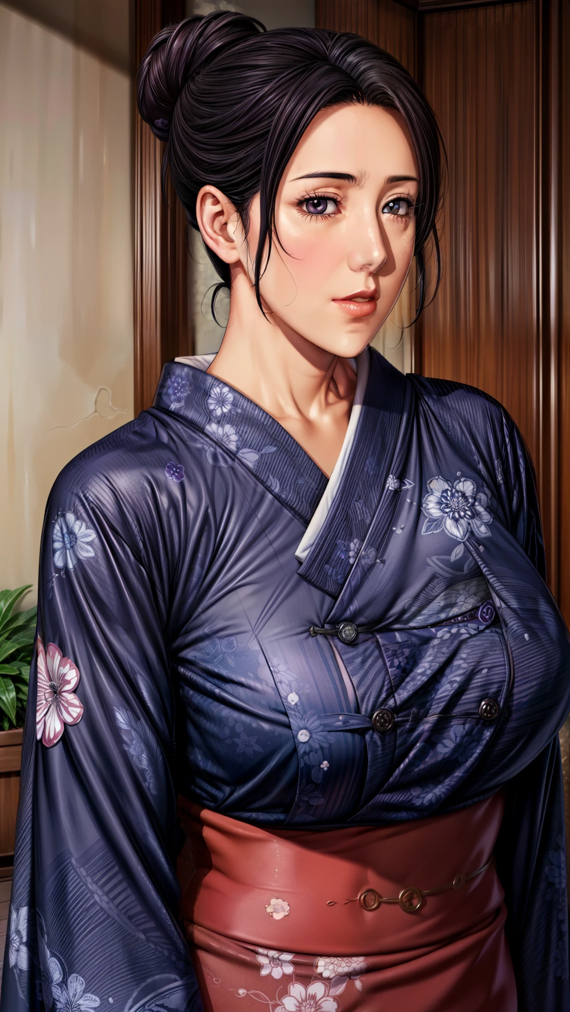 simple background,white background,
purple kimono,floral print,Japanese Clothes,wide sleeve,long sleeve,
Disconnect, 
purple eye, dark haired,Bang,hair bun,
1 girl,young woman,beautiful long legs,beautiful body,
beautiful Nose,beautiful character design, perfect eye, perfect  face,expressive eye,Perfect Balance,
watching viewers,(Focus on her  face),with her mouth closed, (innocent_big_eye:1.0),(light_smile:0.3),
OFFICIAL ART,Highly Detailed CG Unity 8k Wallpaper, perfect lighting outside of Asia,colorful, Bright_front in the sky_ face_lighting,white skin,
(masterpiece:1.0),(Highest_Quality:1.0), ウルトラhigh resolution,4K,super detailed,
Picture, 8k, HDR, high resolution, absurd:1.2, Kodak Portra 400, film grain, Blurry Background, Bokeh:1.2, lens flare, (vibrant_Color:1.2),プロフェッショナルPicture,
(beautiful,big_chest:1.4), (beautiful_ face:1.5),( is narrow_waist),Naked , big boobs , big breast