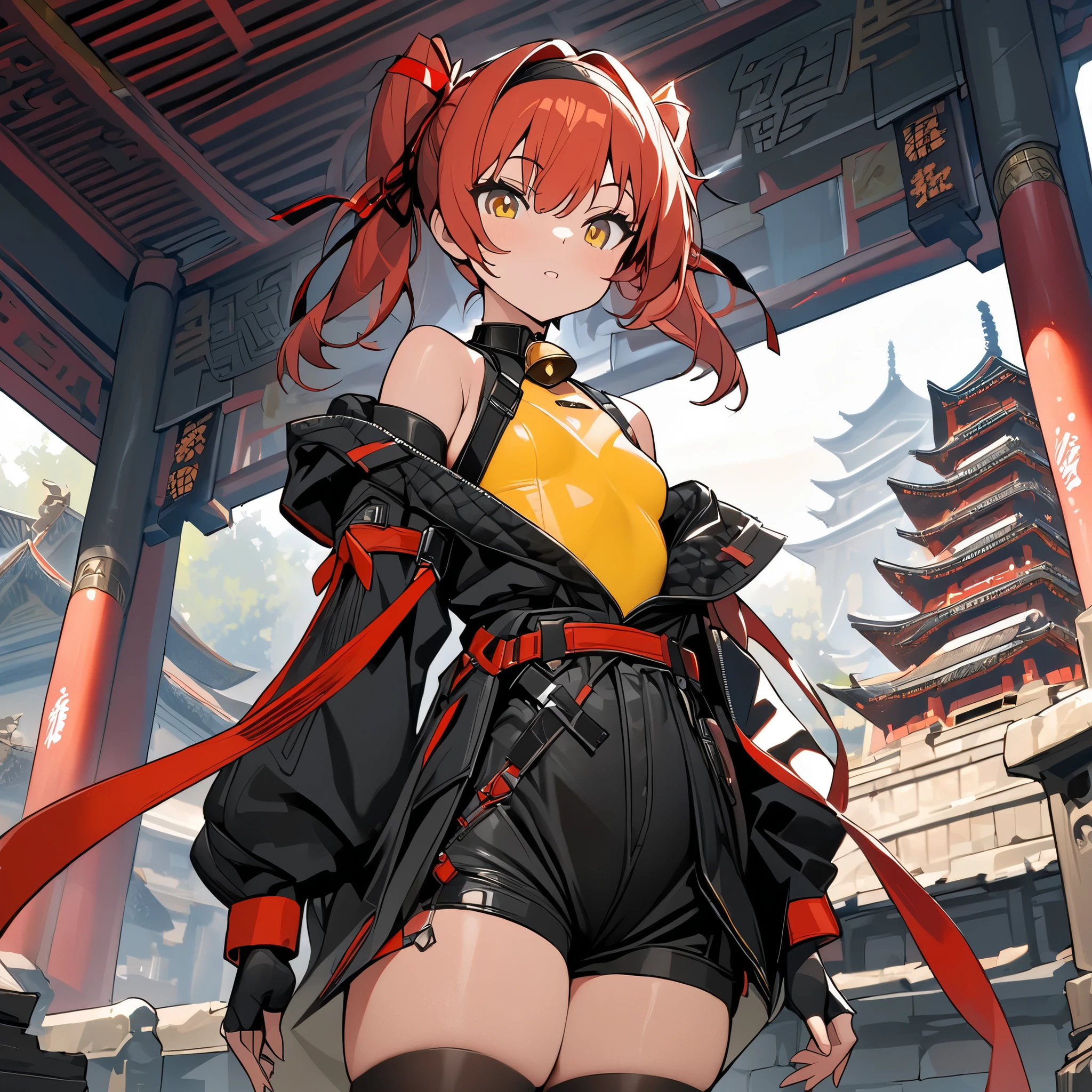 Masterpiece, High quality, Best quality, Live2D, Clear face, modern design, solo woman, Female, Short hair, Twin tail hairstyle, Orange hair, red hair ribbon, Bright Yellow eyes, small breasts, neck bell, hairband, detached sleeves, black thighhighs, Yellow leotard, leotard under clothes, black clothes, wide collar, hood down, black shorts, red hair ribbon, black gloves, fingerless gloves, Chinese temple, Ancient ruins.