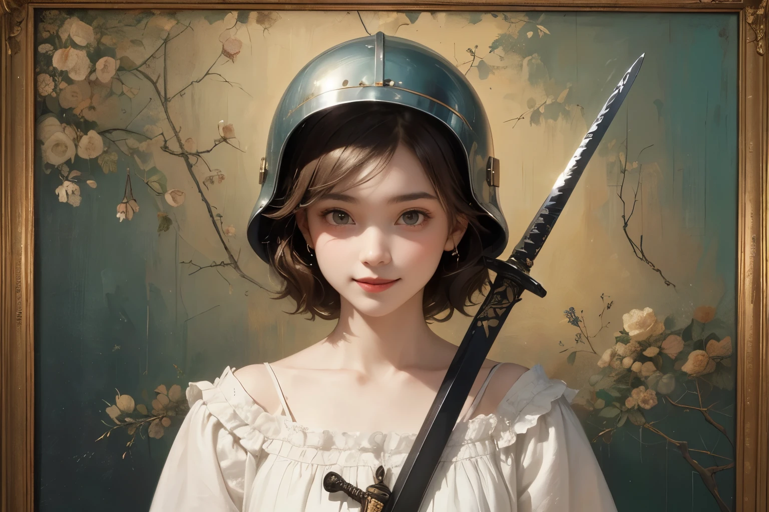 407 (holy blade. ,a crash helmet),((18 year old woman)),(short hair),(shortcut),(Neat hair),(Ultra High Definition),( Rembrandt-style painting),(Archaic smile),2025.08.30,((holy sword))