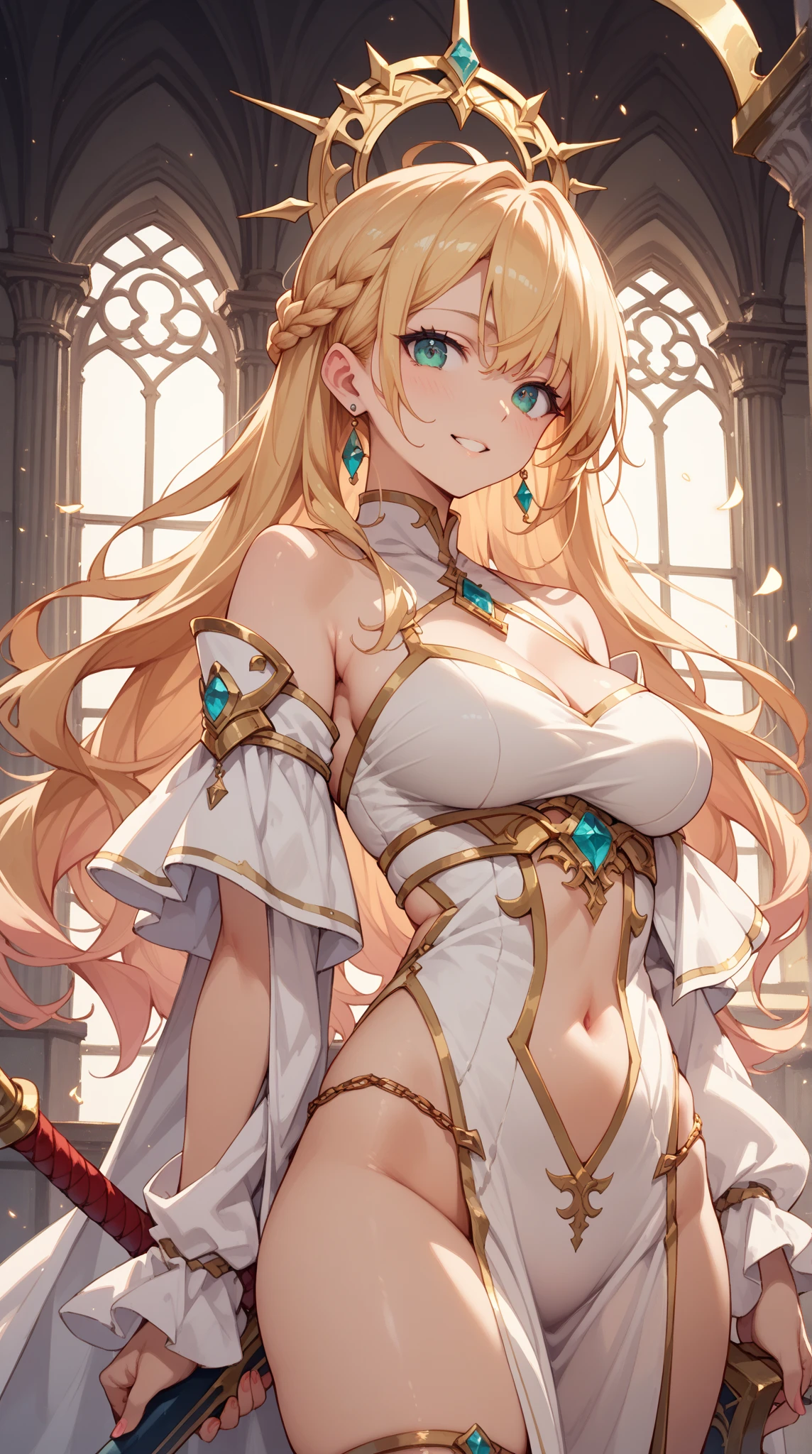 Priestessess,Valkyrie,Angel Wings,belly button,Side bust,Complex,Particles of light,Thighs,Shiny skin, Perfect lighting, One girl,  View your viewers,Winged hat,Pelvic Curtain, smile,(masterpiece), (Highest quality), Very large breasts, maternal, Porcelain-like skin, Honey Blonde Hair, Very long hair, Wavy Hair　Vulgar tattoos