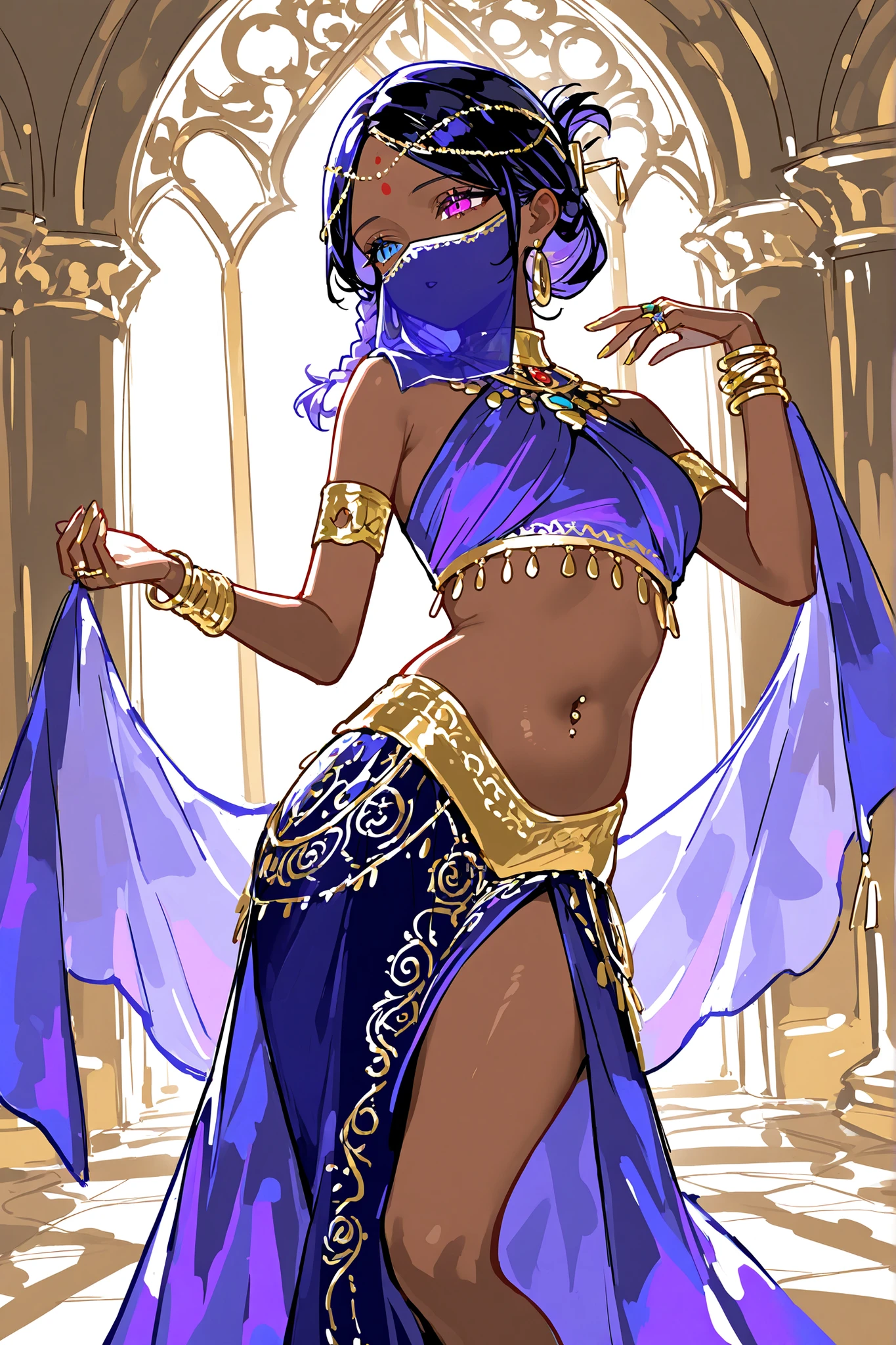 Arab princess woman royalty dancing, in a gold and cyan costume. The woman is young and beautiful, with long black hair, dark skin, and bright hazel eyes. She has an expression of joy and confidence, with red lips and a charming smile. She wears a gold top, which shows off her smooth, toned belly, and a cyan skirt, which opens into side slits, revealing her shapely legs. She also wears a cyan veil, which wraps around her neck and arms, creating an effect of movement and lightness. She wears various accessories, such as earrings, bracelets, necklaces and gold rings, which glow with the light. She is in a setting inspired by Arabian nights, with carpets, cushions, curtains and colorful lanterns. The photo conveys a sense of exoticism, beauty and sensuality, in the style of belly dancing., anatomically correct, master piece, best quality, award winning art, dark skin, wide hips, skinny waist