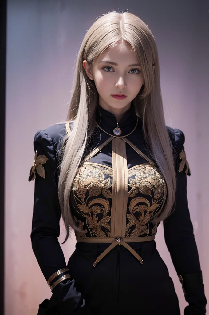 (masterpiece:1.2), (best quality:1.2), perfect eyes, perfect face, volumetric lighting, 1girl, mature female warrior nun, , armor, robe, blonde hair, pauldron, sword, belt, stern expression, fantasy, outdoor, detailed background, makeup, lipstick, eyeshadow, mascara, thick eyelashes