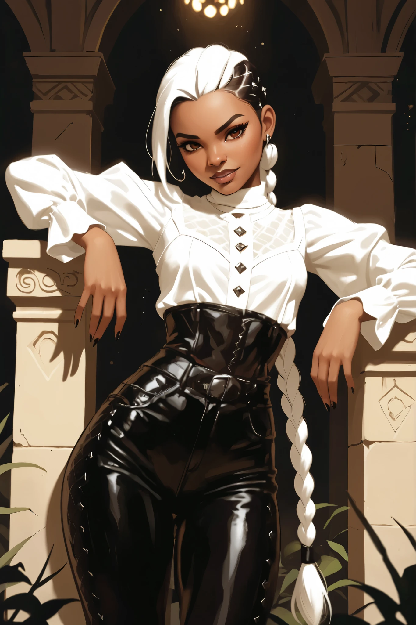 Drawn like the artist Bob Kehl. Phaedra from Fortnite with white and dark hair, slanted eyes, dark skin, with sharp teeth, athletic body and abs. Slender and athletic. Cute, round and young face. Small and cute nose. White highlights in her hair. She wears Aztec black snake-leather pants with snakeskin-texture and lacing. The leather isn't shiny. Muted shine. She also wears an amber necklace. She has small . Atmospheric lighting. She looks like Wednesday Adams. Box-art. DnD-art-style, Looking at the viewer. Oil painting. Sepia filter. Less colour. Semi-realistic style.