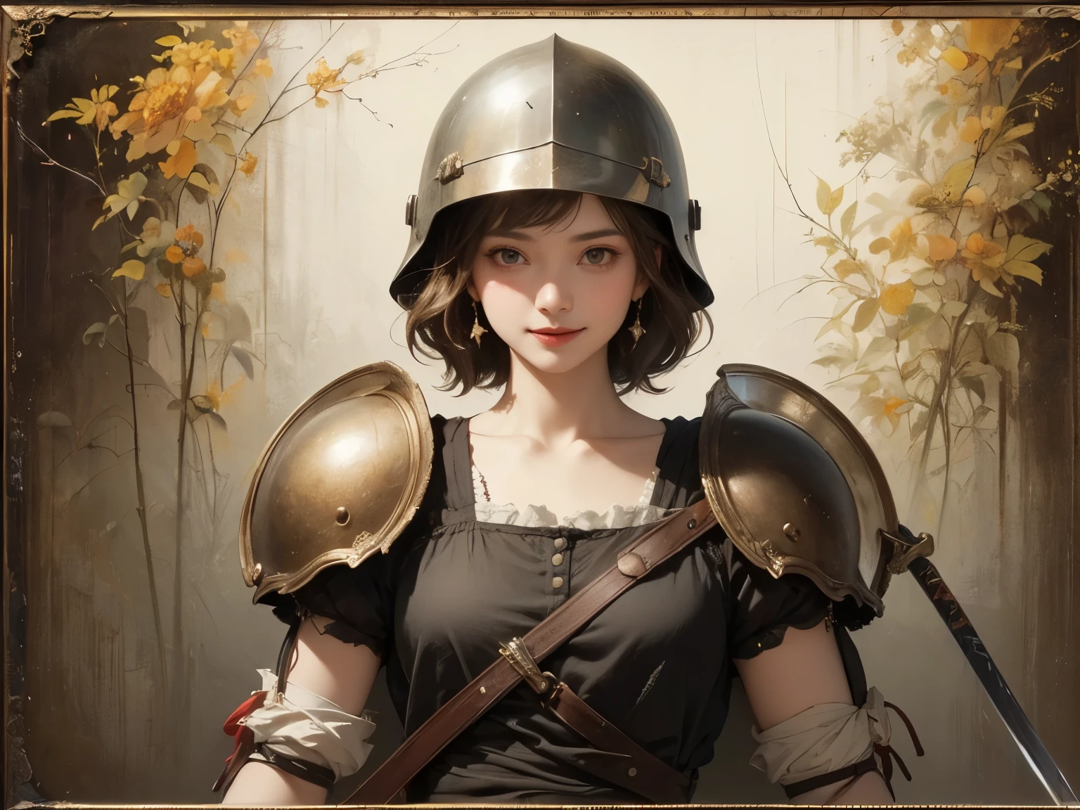 407 (holy blade. ,a crash helmet),((18 year old woman)),(short hair),(shortcut),(Neat hair),(Ultra High Definition),( Rembrandt-style painting),(Archaic smile),2025.08.30,((holy sword))