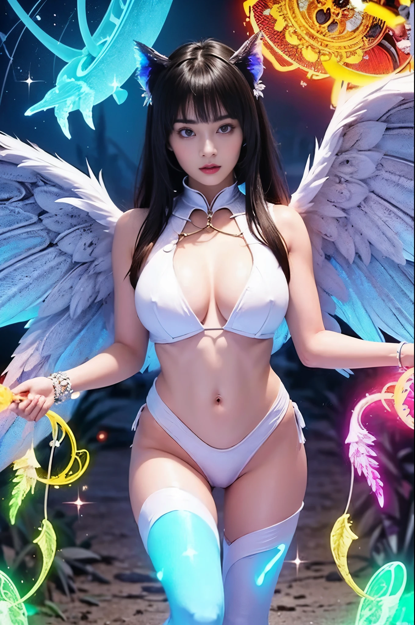 a sexy cyber girl with futuristic angel cyber large wing in nipple clamp clitoral jewelry vaginal chain, dangles clip on nipple rings luxury jewelry body, beautiful goddess, majestic angel, as a mystical valkyrie, extremely detailed, futuristic angel knight girl, beautiful futuristic goddess ,beautiful breast , huge breast, elegant pose, medium long body shot ,standing in golden dreamlike background