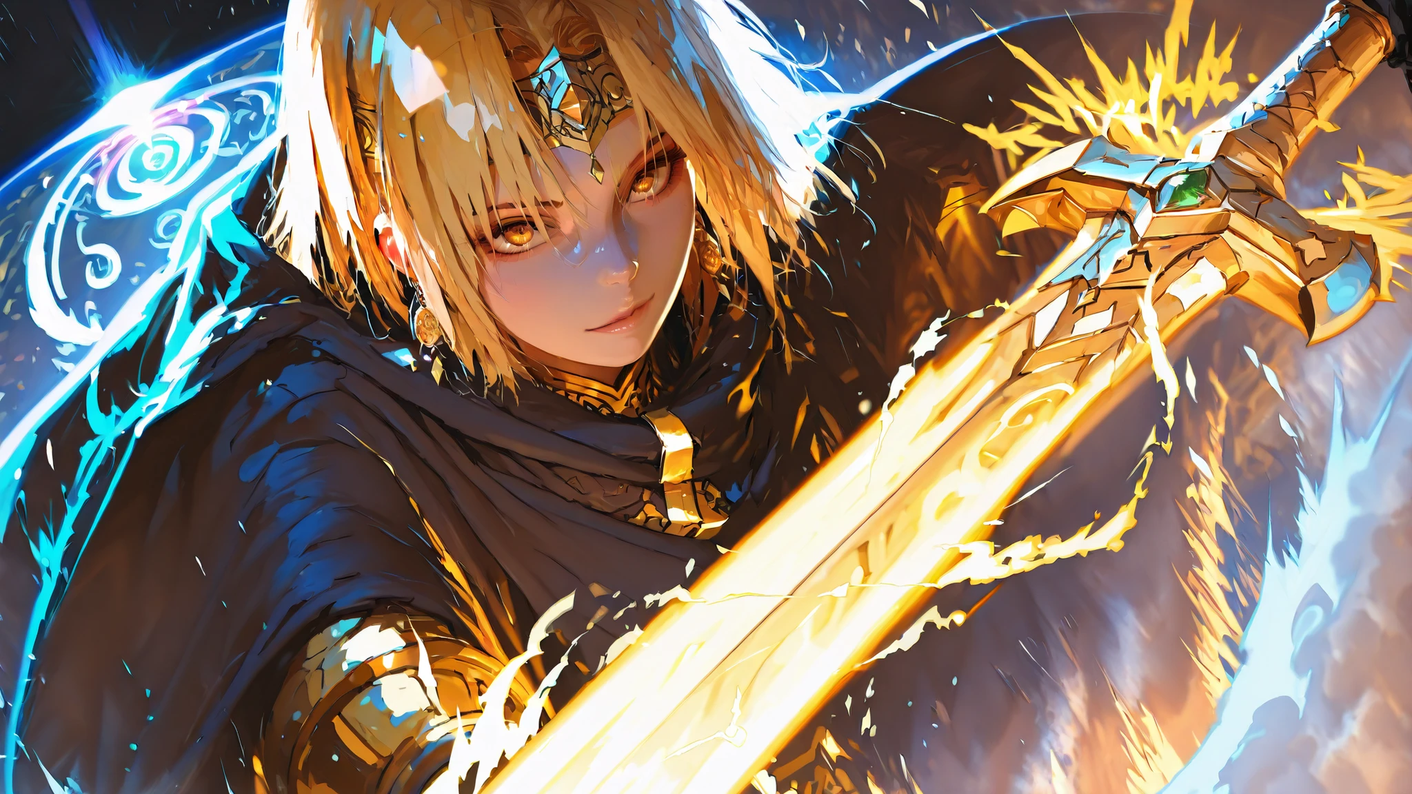 A masterpiece, high resolution, photorealism, the hero in a fluttering cloak holds a shining sacred sword, directed to the sky, the golden mechanisms of fate swirl around the blade, the ancient columns of the temple are shrouded in a magical fog, time portals open in space, energy flows, majestic architecture, Dramatic lighting