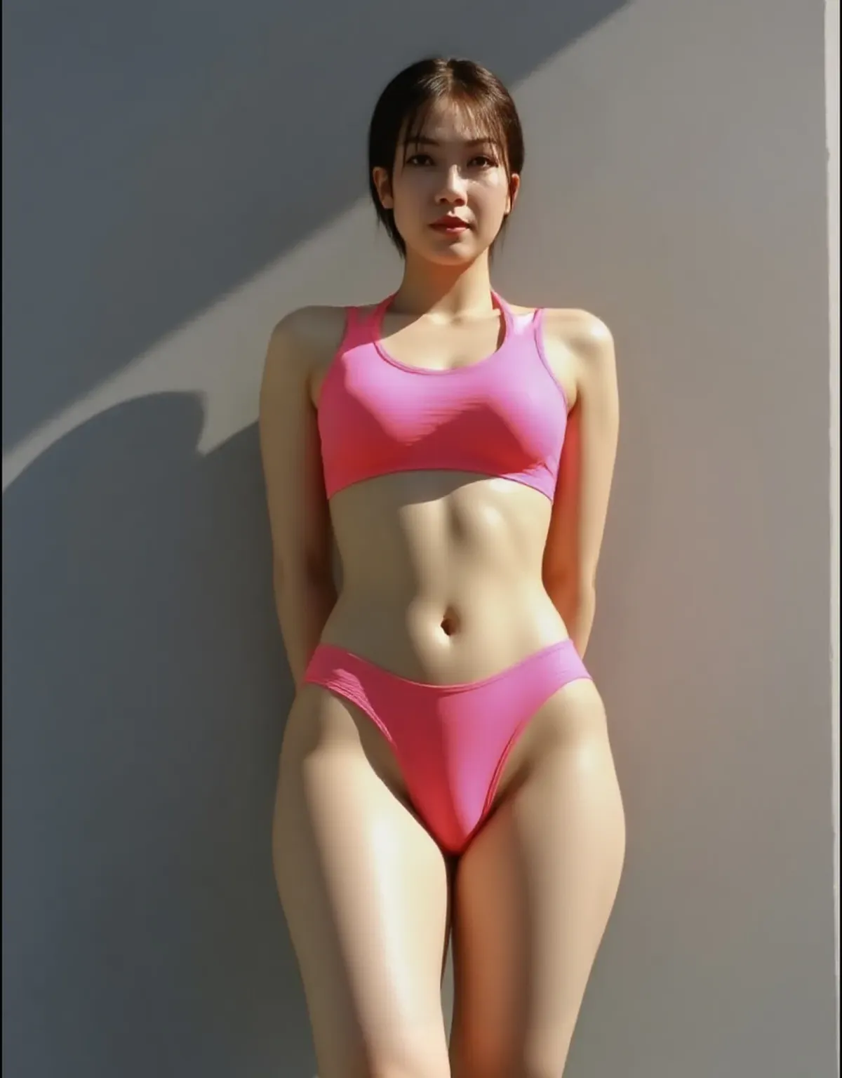 (solo), (a detailed full body RAW photo of a girl), (masterpiece:1.0), (best quality:1.4), (ultra highres:1.2), (photorealistic:1.4), 8k resolution, Canon EOS R5, 50mm, absurdres, ultra detailed, (25yo), sharp focus, cinematic lighting, detailed beautiful face, (no make up:1.2), (ulzzang-6500-v1.1), petite figure, detailed skin texture, suntan skin, flat chest, (skinny and fit body:1.6), thigh gap, detailed brown hair, sweltering,(very short hair:1.5), realistic glistening skin, (sweating:1.45), nfsw, heavy breathing, humid, (small titts, cameltoe, erect nipples:1.5), (track and field uniform and fullback panty:1.2), (japanese athlete, flat chest:1.5), well-developed abdominal, dynamic pose, (satomi ishihara:1.5), blue sky, bikini tan,