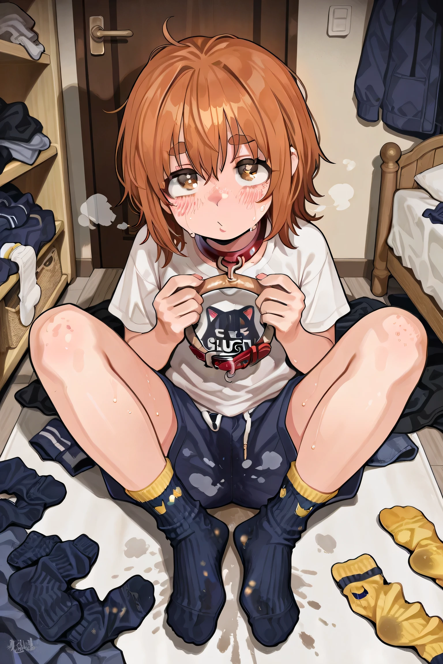 Highest Quality, Pictorial Quality, 8K quality,1girl,Solo,(Clumsy Slave),freckles,eyes are small,thick eyebrows,stupid expression,Slave's Iron Collar,Slightly Flushing Cheeks,Steaming,hold socks in your hands,see here,
sweat-stained socks,Miscellaneous socks,hang socks side by side without gaps in a sock specialty showcase,(Navy Blue Ribbed Socks),white ribbed socks,black high socks,YELLOW SHORT SOCKS,cute socks,lame socks,crew socks,Pile of socks all over the floor,Socks removed,folded Socks, unworn Socks, socks on floor,Hang unused socks in a row on the wall,sitting on the floor,wear cheap t-shirts and cheap shorts,Simple Western-style room background,simply arranged socks, clean room ,Dirty anime style,