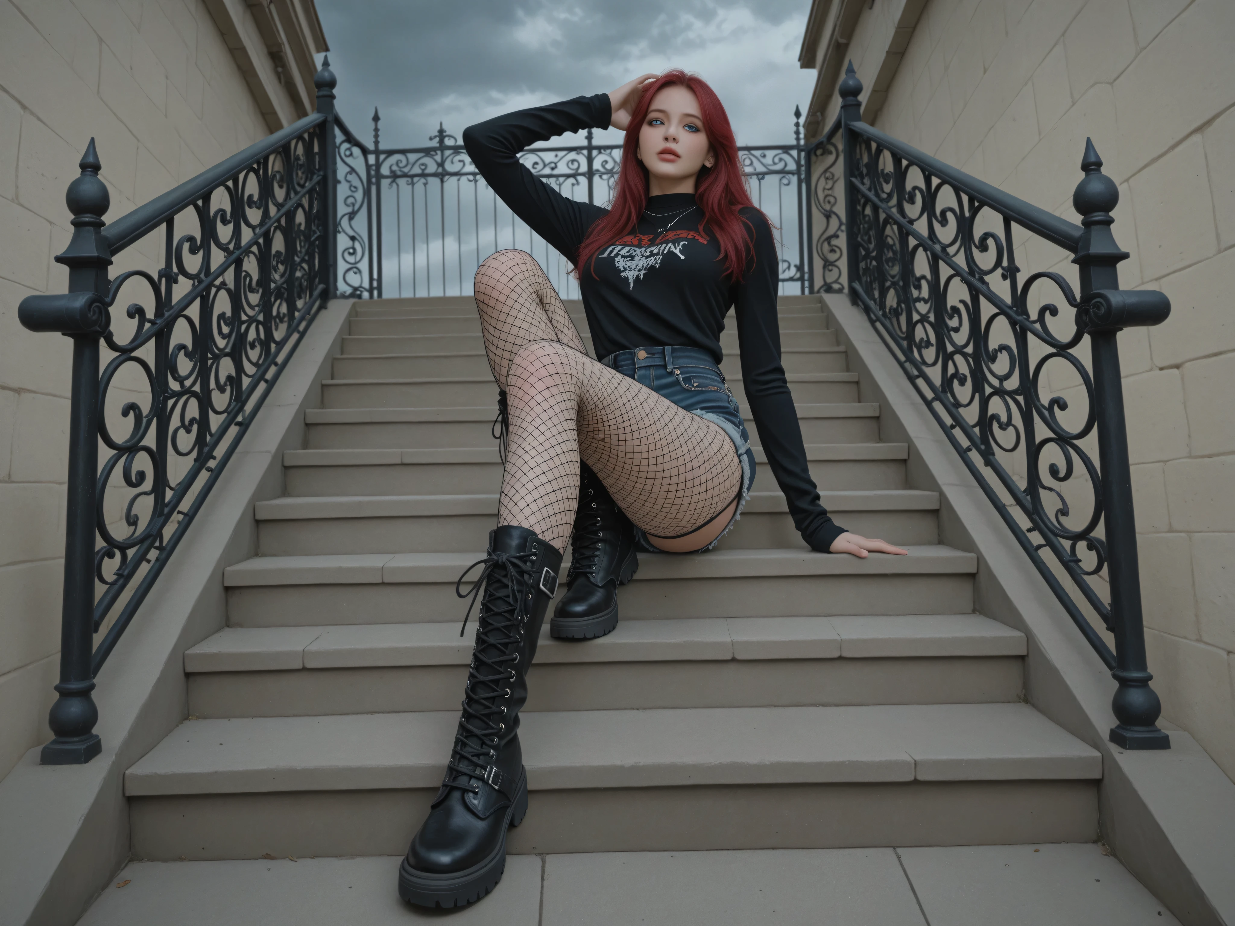 A woman's lower body is the focus of the image, showcasing a fashion-forward ensemble. She wears a pair of denim shorts that appear snug and trendy, paired with eye-catching fishnet tights which add a bold and edgy vibe to her outfit. On her feet are sturdy black combat boots, contributing to a tough, punk-inspired look. The top she's wearing is not fully visible, but it hints at being a long-sleeved garment given the material seen at the waist. The background presents an ornamental wrought iron gate, its intricate design lending a European vintage feel to the setting. Stone steps with subtle variations in color and texture form the foundation of the scene, leading up to the gate. The lighting is soft, likely suggesting a cloudy day, and adds to the overall moody, yet stylish atmosphere.