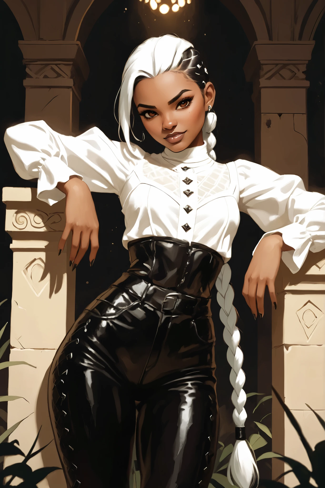 Drawn like the artist Bob Kehl. Phaedra from Fortnite with silver-grey and dark hair, slanted eyes, dark skin, with sharp teeth, athletic body and abs. Slender and athletic. Cute, round and young face. Small and cute nose. White highlights in her hair. She wears Aztec black snake-leather pants with snakeskin-texture and lacing. The leather isn't shiny. Muted shine. She also wears an amber necklace. She has small . Atmospheric lighting. She looks like Wednesday Adams. Box-art. DnD-art-style, Looking at the viewer. Oil painting. Sepia filter. Less colour.