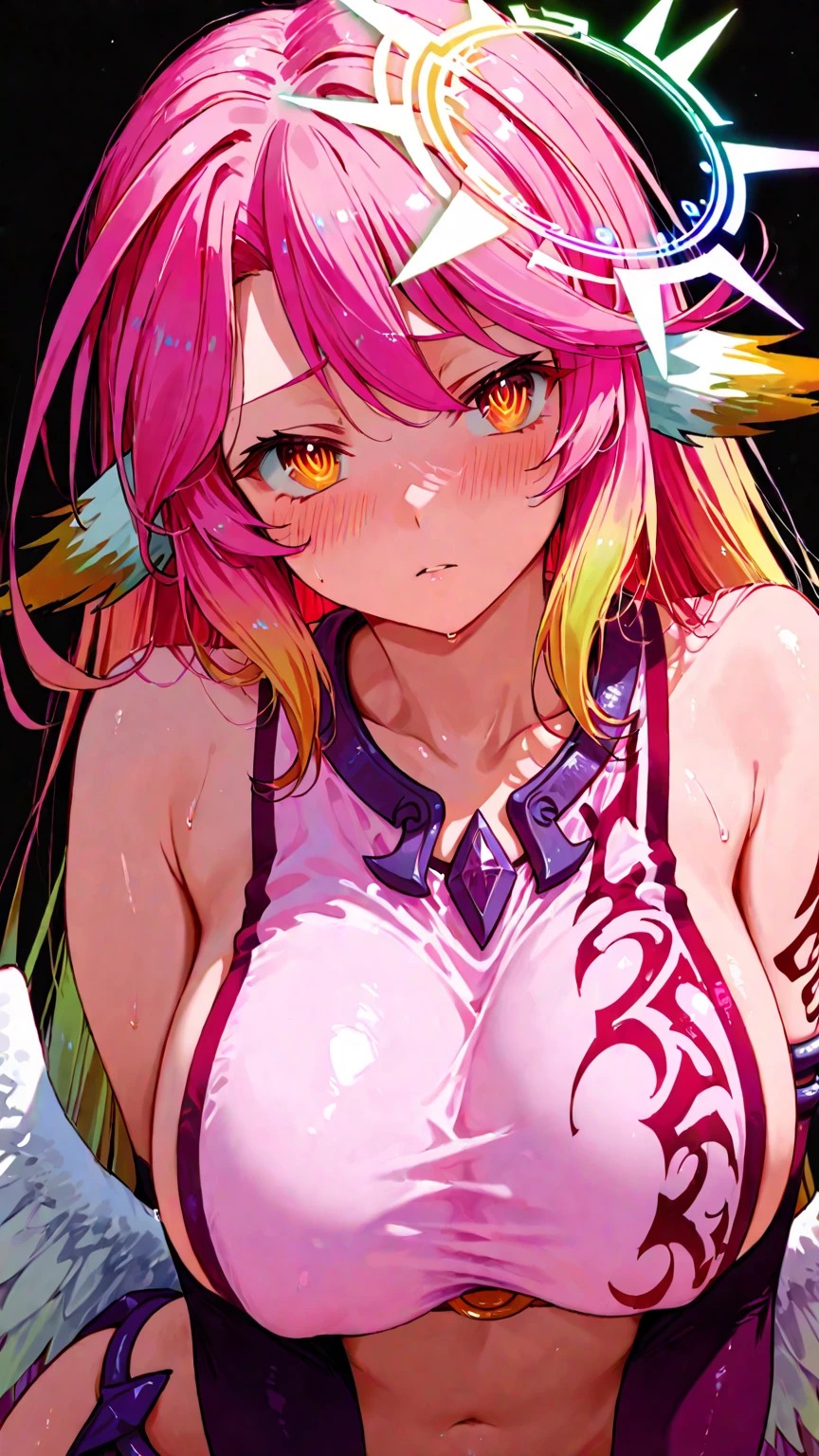 Jibril, upper body, blushed, perfect anatomy, detailed eyes, detailed lips, extremely detailed eyes and face, vivid colors, sharp focus, masterpiece:1.2, ultra-detailed, blushed, ((((enslaved,  fear, scared, abuse)))), ((peeing self)), (solo), (peeing)