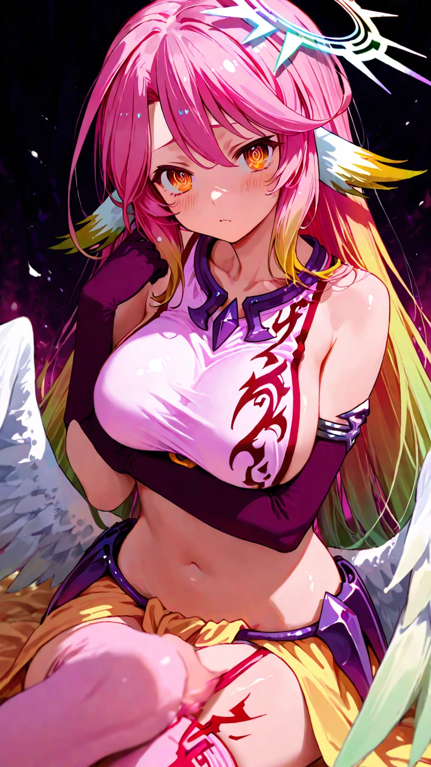 (jibril (no game no life)), official clothes, compass rose halo, 1girl, long hair, halo, breasts, solo, low wings, wings, sideboob, pink hair, yellow eyes, large breasts, angel wings, feathered wings, tattoo, gloves, magic circle, Axsens
<lora:jibrilNoGameNoLife_v10:0.4> <lora:Axsens:0.5><hypernet:axsensInspired_axsensV7:0.6>