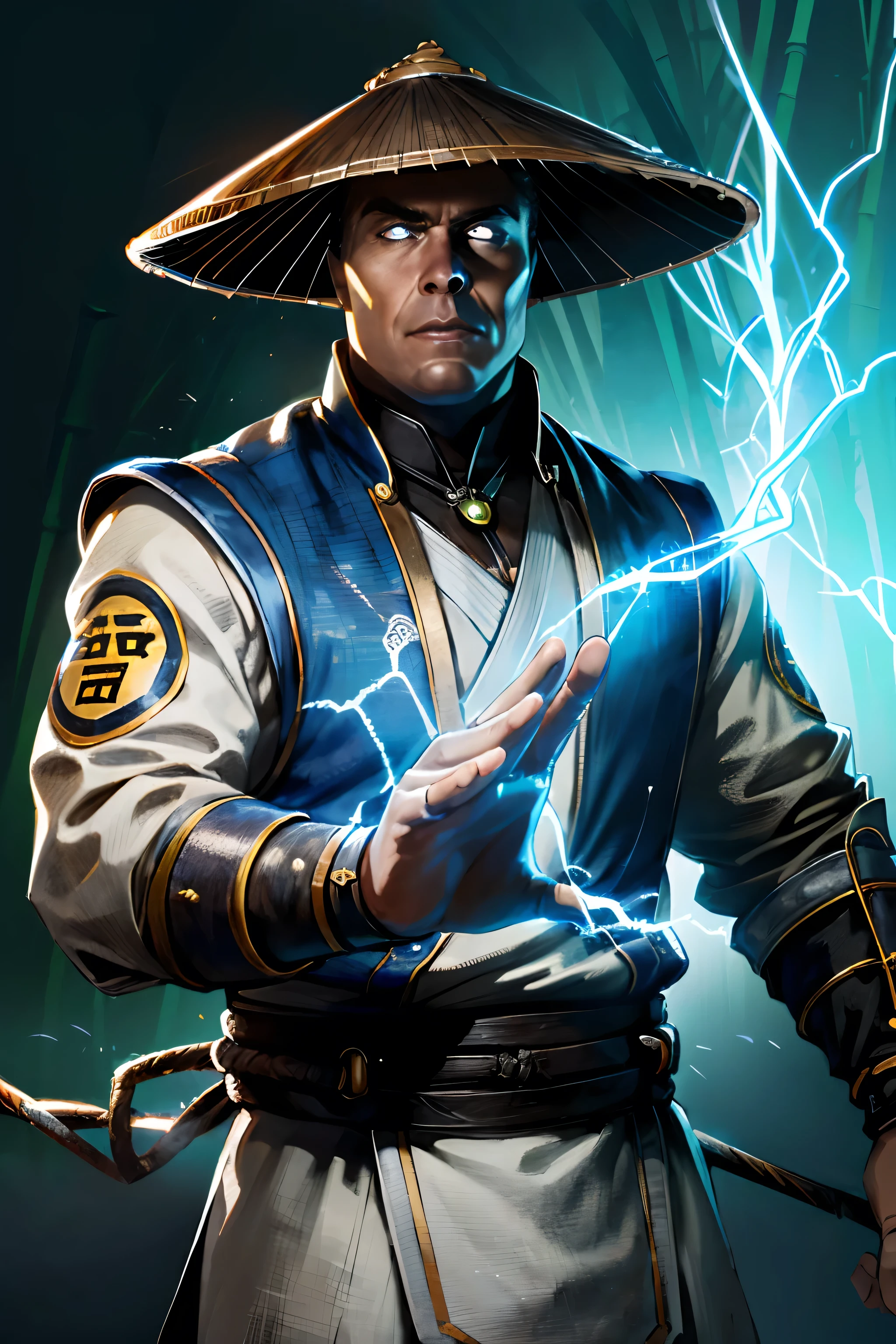 ((masterpiece)), ((best quality)), (ultra-detailed), absurdres, extremely detailed CG unity 8k wallpaper, Official Art, Accurate describe shapes, beautiful face, detailed hands, expressive eyes, upper body, looking at viewer, solo, (realistic), close-up, (standing, fighting stance, casting spell, thunder spell, serious:1.2), (bamboo forest, dramatic light, thunder surrounds, thunder chain, scenery, illustration:1.1), (1boy, mature male, muscular male, glowing eyes:1.4), (brown headwear, jingasa, amulet, beads, fingerless robe, arm guards, white shirt, white pants, long sleeves, blue vestments:1.3), ((masterpiece)), absurdres, HDR, raiden (mortal kombat),
