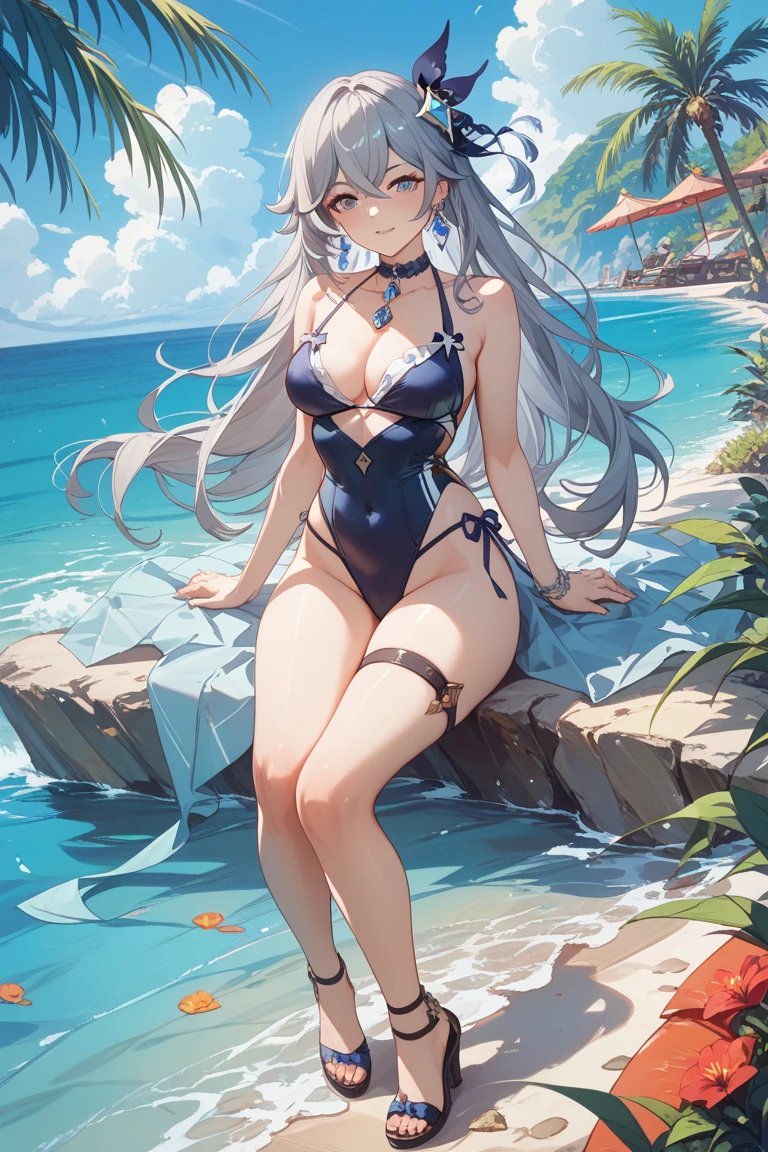 ((Best Quality)), (Ultra-detailed), ((Extremely detailed)), (Beautiful), ((Kawaii Girl)),(two side up hair).,Platinum Blonde Hair,Long hair, hair between eye, Wavy Hair, Long sideburns,Jade-colored eyes, White skin,Normal Chest,Slender body,Cross Halter Bikini,Sandals,Sitting,in beach,Look Camera